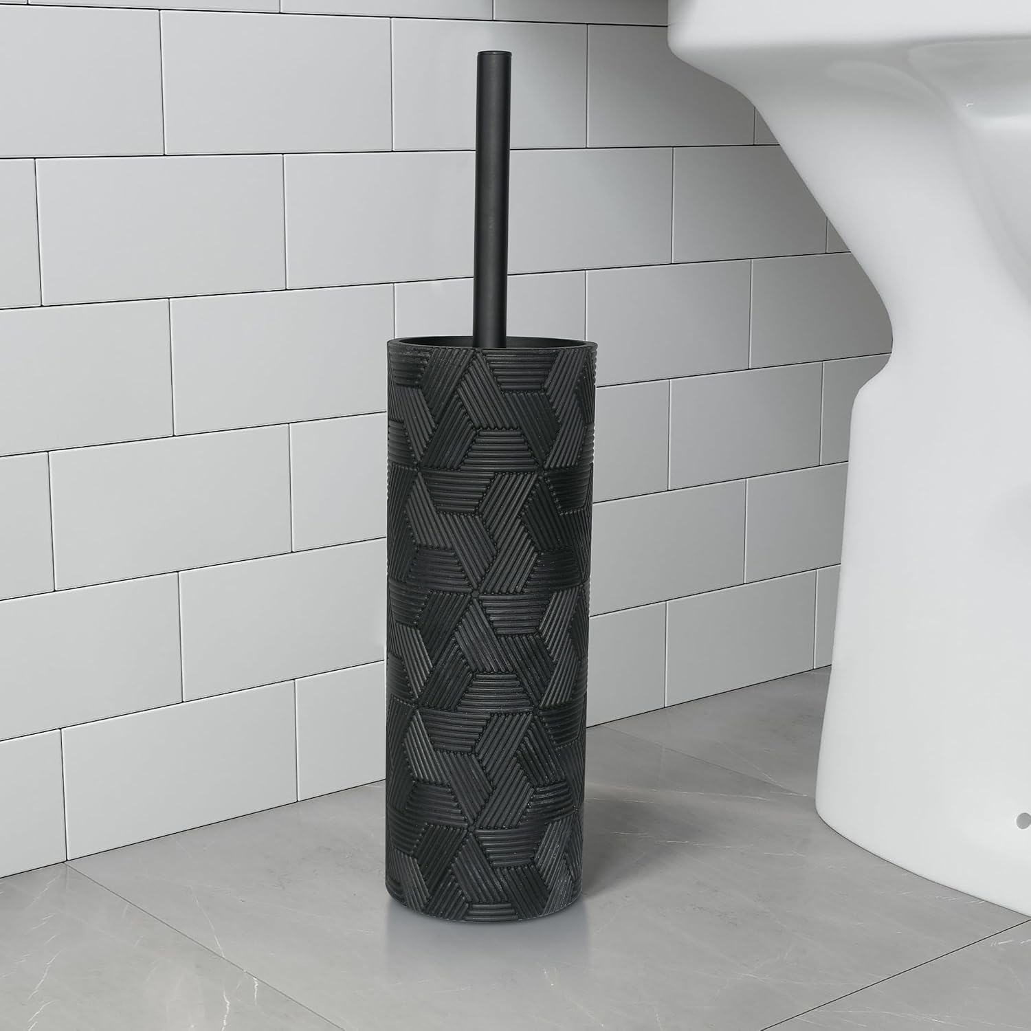 Matte Black Geo Design Resin Toilet Bowl Holder and Brush Set, Stylish Geometric Design with Durable Bristles, Compact and Modern