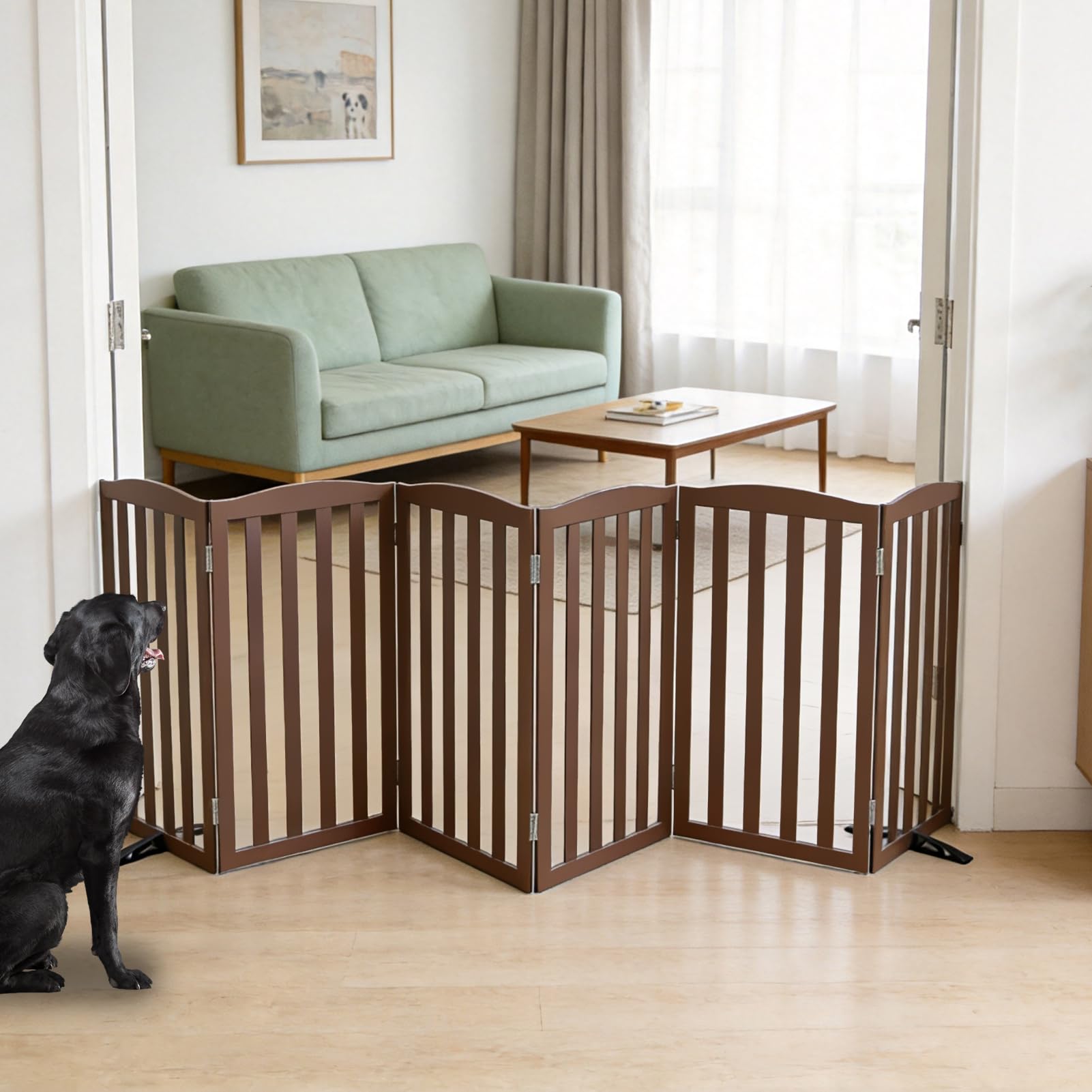 SFJC Freestanding Dog Gate Indoor,Doggie Gate Foldable Pet Gates for Doorways,Stairs or Hallways, Wooden White Pet Gate for The House, Pet Fence with Support Feet Included,32 "Height-6 Panels