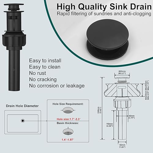 Miniatura 6 de Hoimpro Grifo de baño negro cascada de un solo agujero, grifo de lavabo de baño de una sola manija, grifo de tocador de caravana, latón sólido,