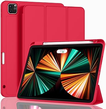 ZryXal New iPad Pro 12.9 Inch Case 2022/2021/20206th/5th/4th Gen with Pencil Holder,Smart iPad Case [Support Touch ID and Auto Wake/Sleep] with Auto 2nd Gen Pencil Charging Red