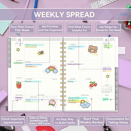 Miniatura 9 de Agenda semanal y mensual 2024, agenda semanal AIMPEAK 2024 con pestañas, enero 2024 a diciembre 2024, 2024, agenda diaria con encuadernación en