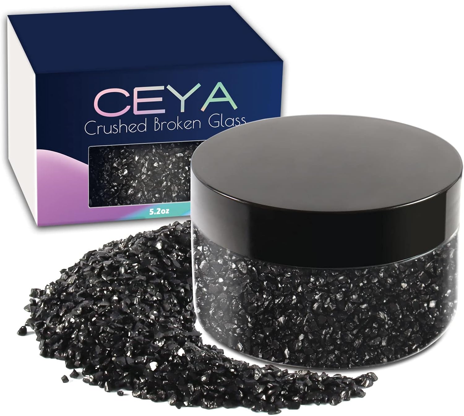 Ceya 5.3oz/ 150g Crushed Irregular Glass Black Metallic Crystal Chips Broken Glass Glitter 2-4mm Craft Chunky Glitter for Nail Arts Epoxy Resin Mold Coasters Ornament Painting Geode Phone Case Jewelry