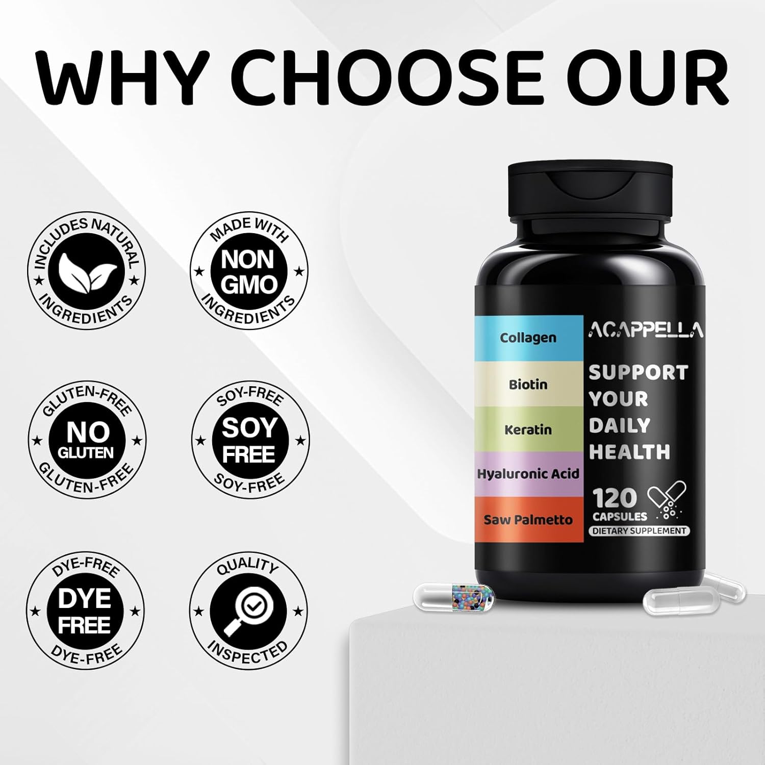 ACAPPELLA Keratin Saw Palmetto with Hyaluronic Acid Capsules DHT Blocker Vitamins Folic Acid Collagen Supplements for Women and Men Biotin Capsules - Image 5