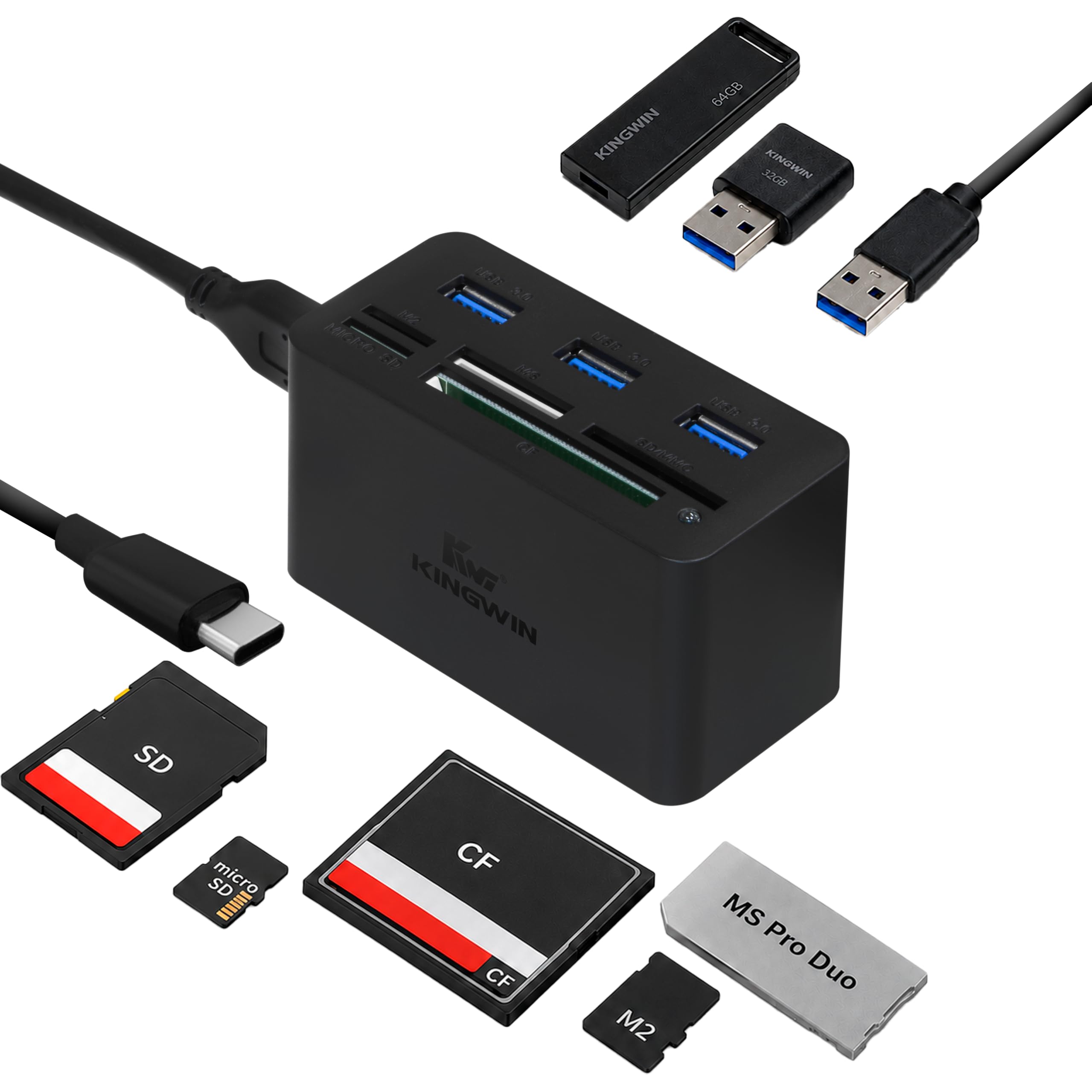 Kingwin Adaptador de concentrador USB C con Lector de Tarjetas de Escritura y hub USB 3.0 - Thunderbolt 3 soporta SD MS Micro M2 CF de Alta Velocidad para MacBook, portátil, Escritorio Tipo C