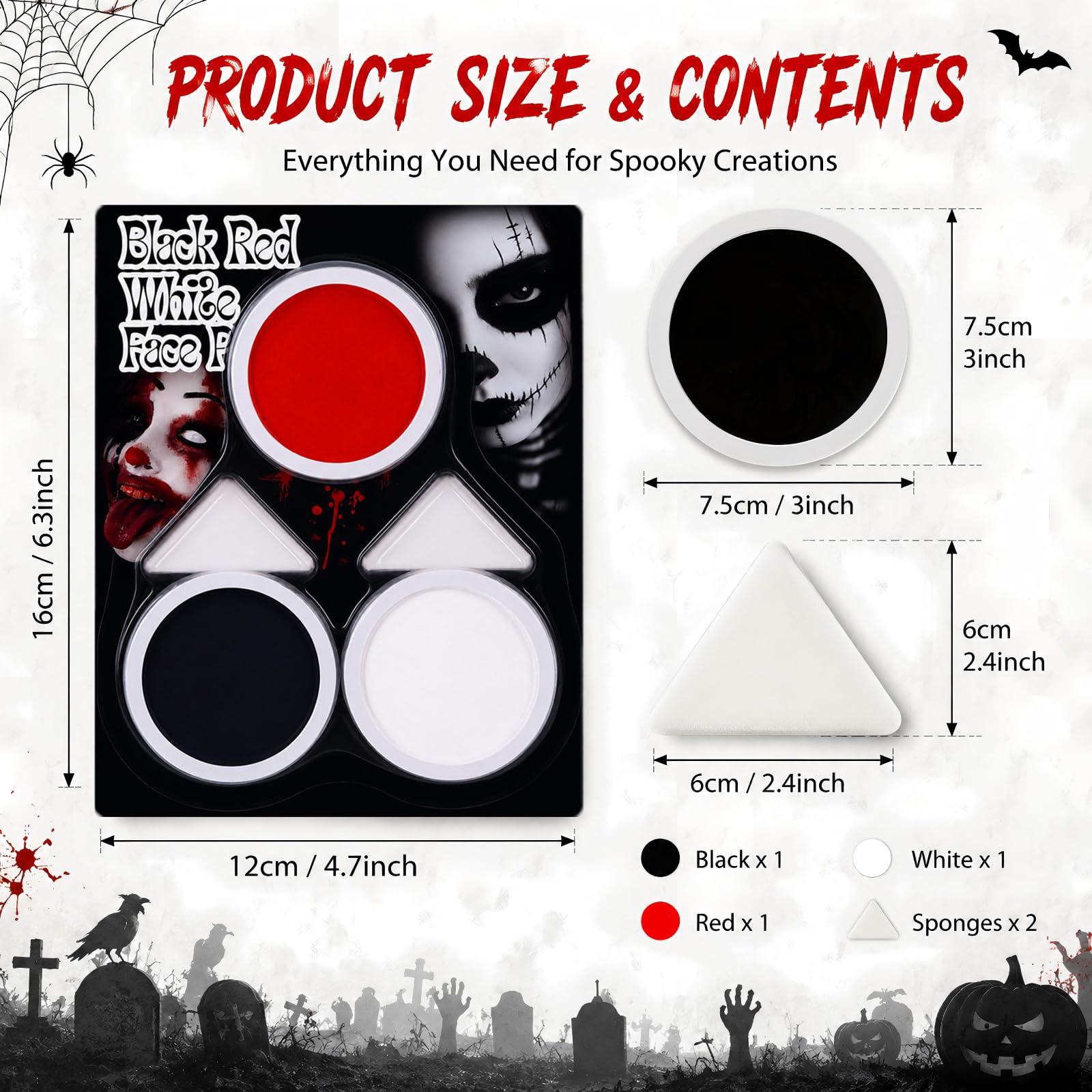 Czarny + biały + czerwona farba do twarzy i ciała, na Halloween, biało-czarno-czerwona, zestaw do makijażu twarzy i ciała, Cosplay SFX zestaw do makijażu na Halloween, szkielet, czaszka, klaun, wampir