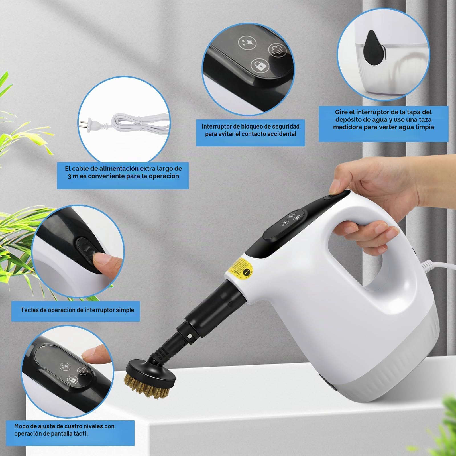 Limpiador de vapor manual de 1200 W, Vaporeta de Mano multiuso de 500ml | Roadtime 9 accesorios, Limpiador de vapor portátil Limpieza sin Químicos de 120 ℃ para hogar,suelos,baldosas,ventanas,sofá