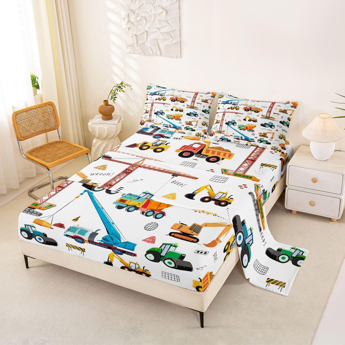 Excavator Bed Sheets King Size, Tractor Machinery Trucks Sheet Set, Kids Boys Construction Vehicle Fitted Sheet, Bulldozer Crane Equipment Truck Bed Sheet set With 2 Pillow Cases, Yellow Green