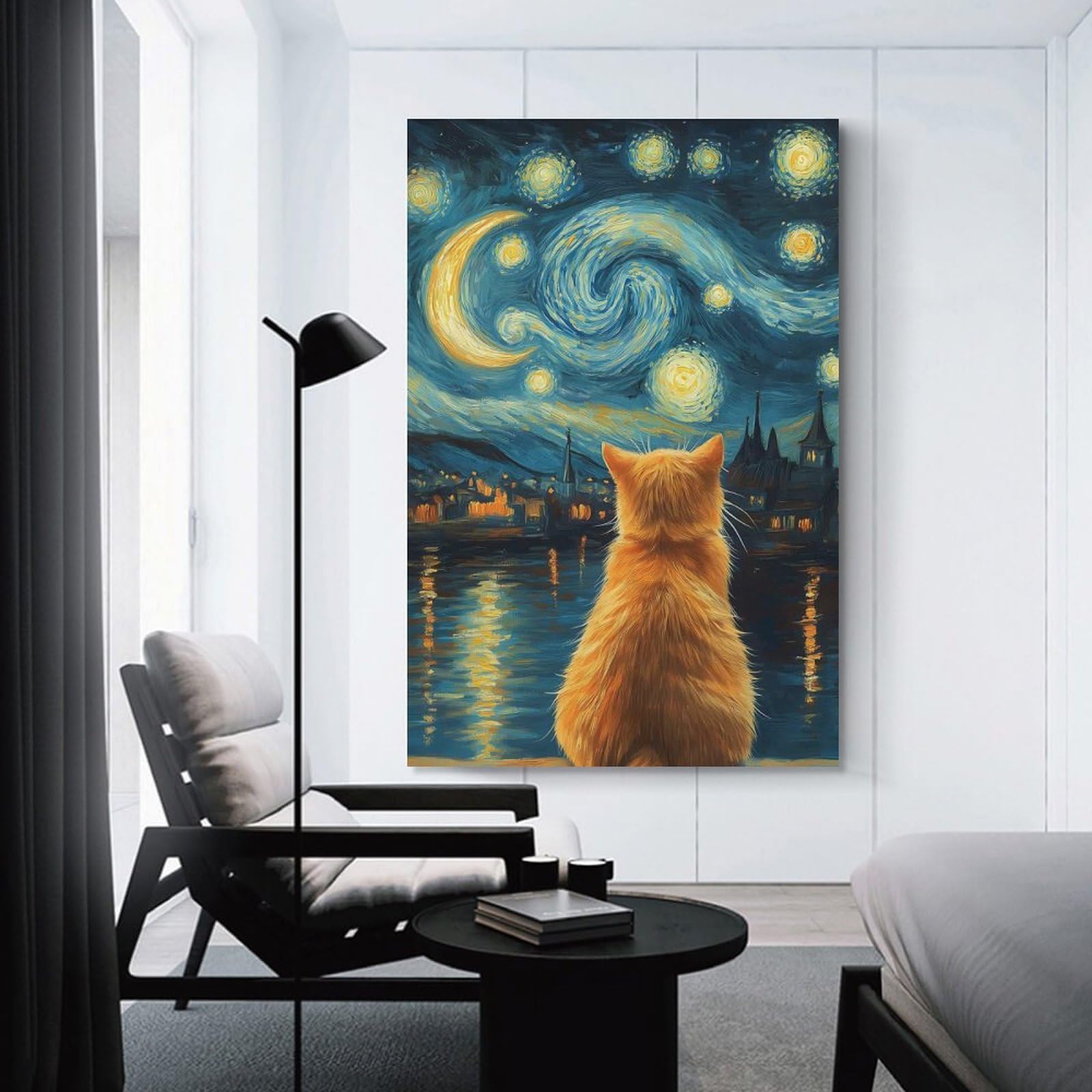 Junmoney Animal Cat Gazing at Starry Night Inspired Landscape Van Gogh Decorative Canvas Print, 12x18inch(30x45cm), for Gallery Wall Decor And Room Displays, Wall Decor Suited to Curated Displays