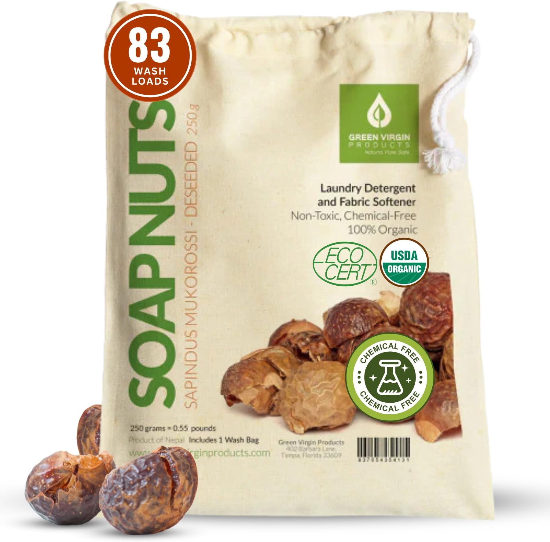 Green Virgin Soap Nuts (250 Grams=.55 Lbs=8.8 Ounces) Approx 83 Wash Loads, Includes 1 Wash Bag,USDA Organic