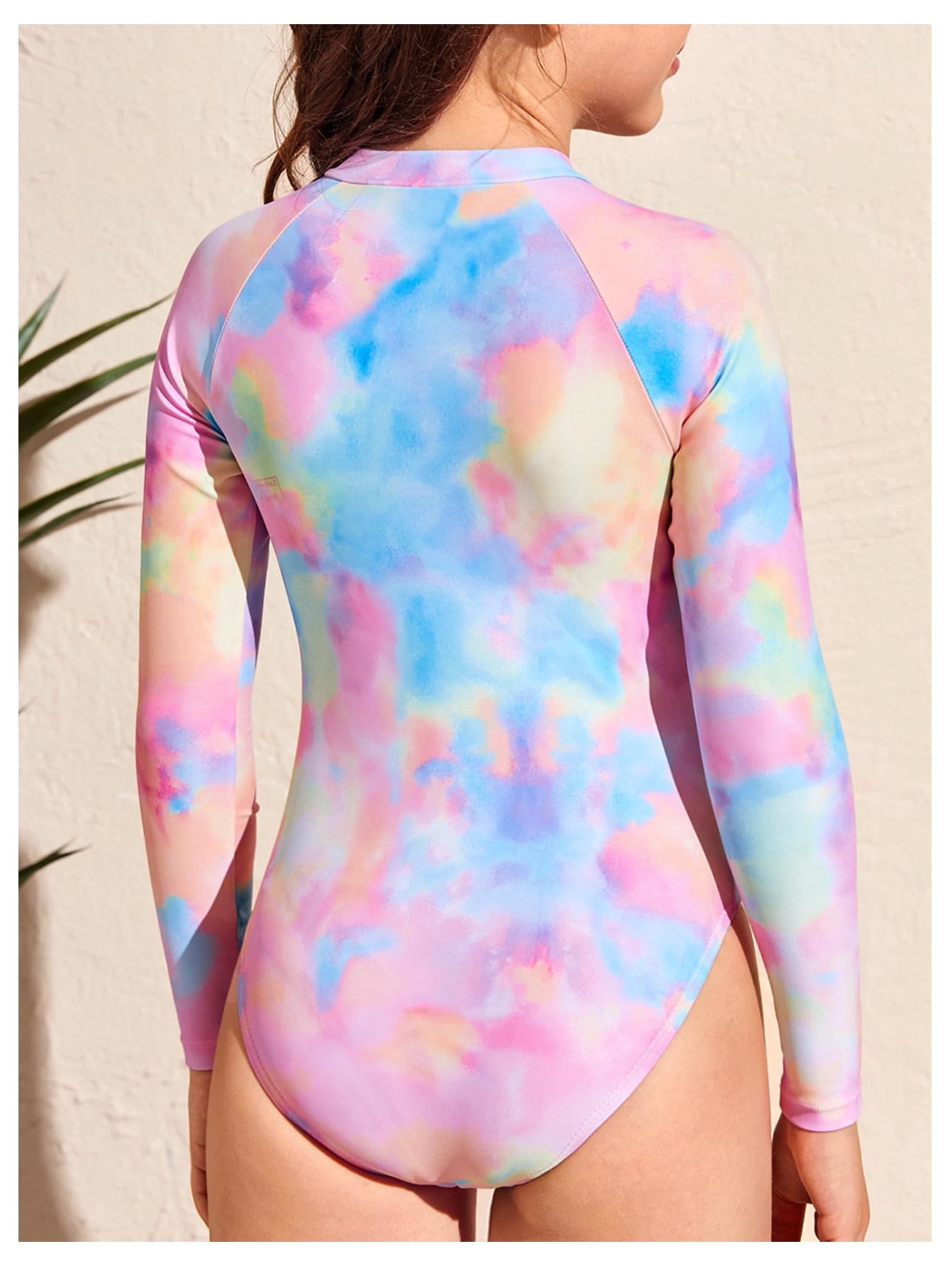 OYOANGLE Girl's Tie Dye Long Sleeve Rush Guard One Piece Swimsuit Zipper Front Beach Sports Bathing Suits Purple Blue 10Y
