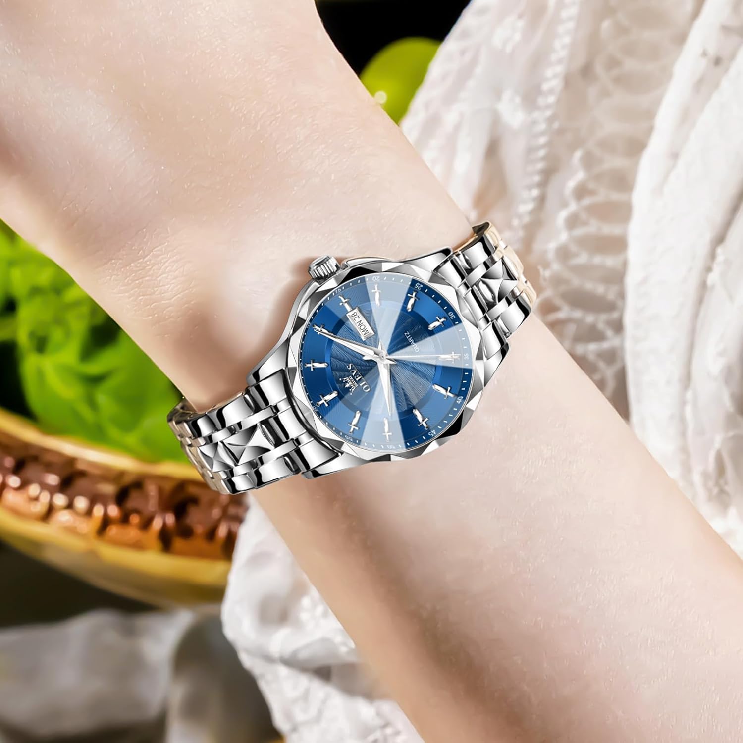 OLEVS Gold Watch for Women Waterproof Small Dial Ladies Watches Stainless Steel Analog Womens Wrists Watches Fashion Luxury Dress Diamond Watches for Women (Gold/Blue/Slive) Dial Gift for Women