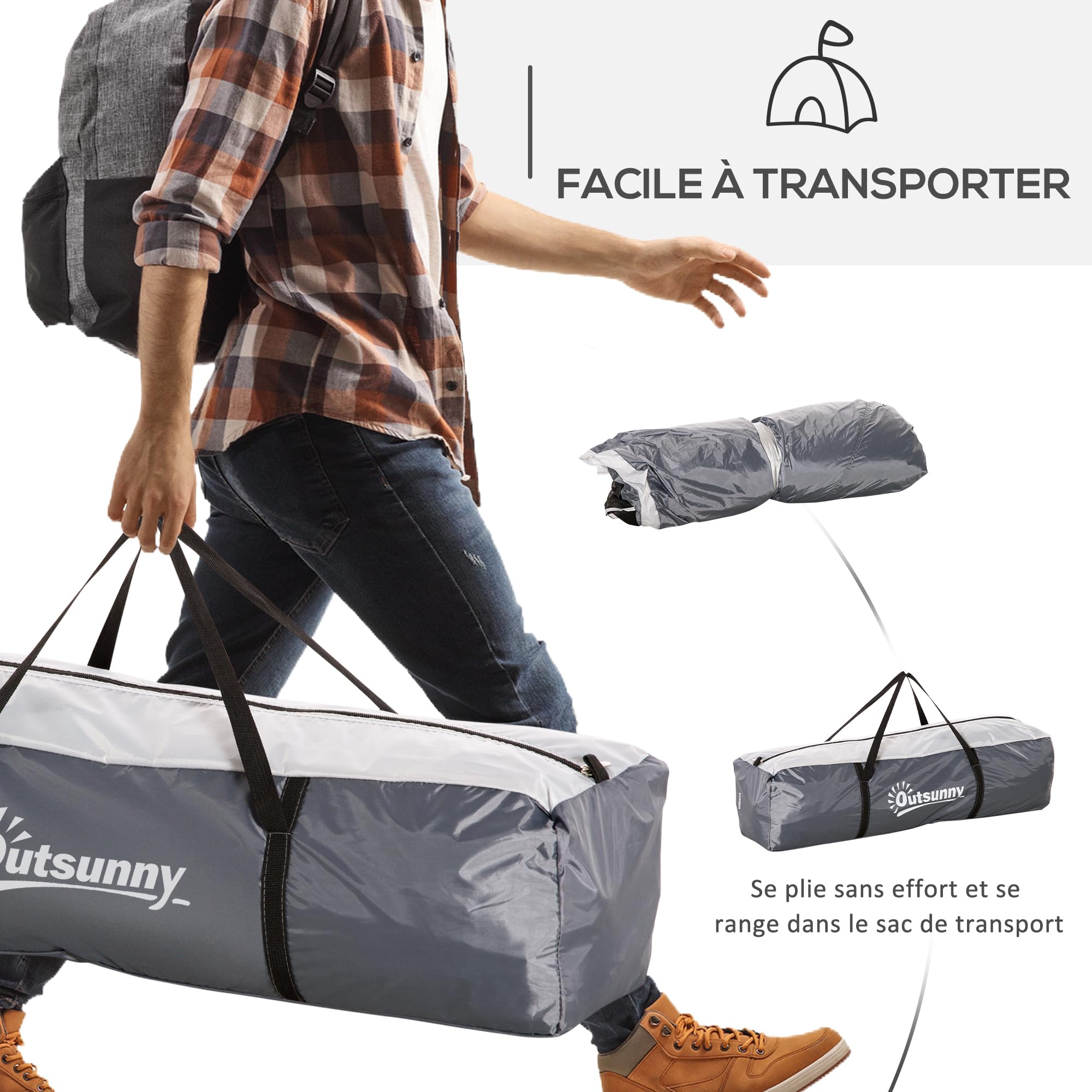 Outsunny Tente de Camping dôme familiale pour 6-8 Personnes avec 4 Portes en Filet zippées, Tissu Oxford Amovible, Crochet pour Lampe, Sac de Transport dim. 350L x 350l x 230H cm - Blanc et Gris