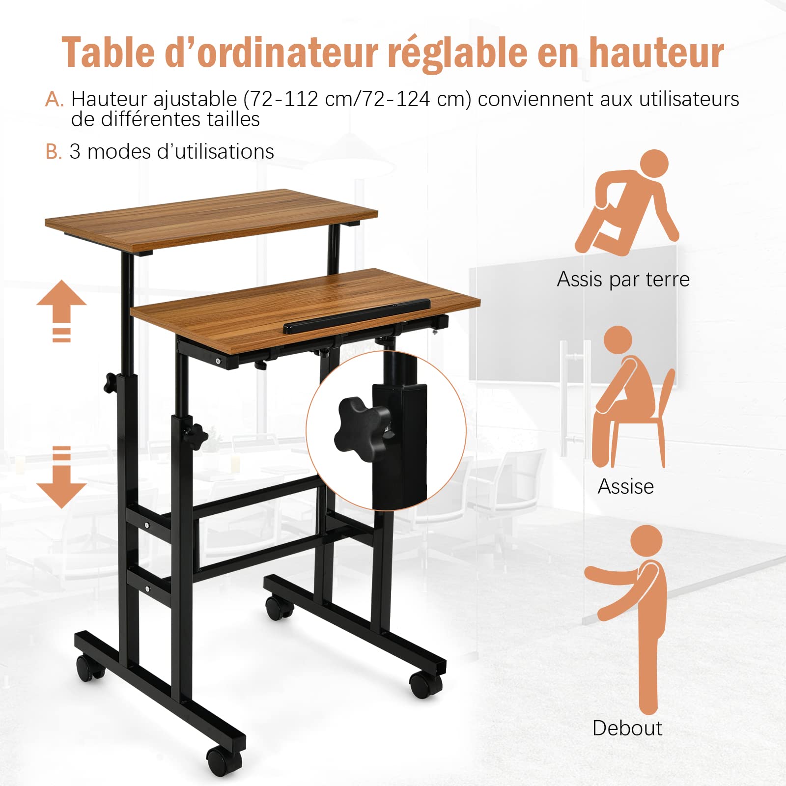GOPLUS Bureau d'Ordinateur Assis-Debout Réglable en Hauteur 2 en 1, Poste de Travail à roulettes Verrouillables Portable Réglable 60x60x72-123cm (Noyer)