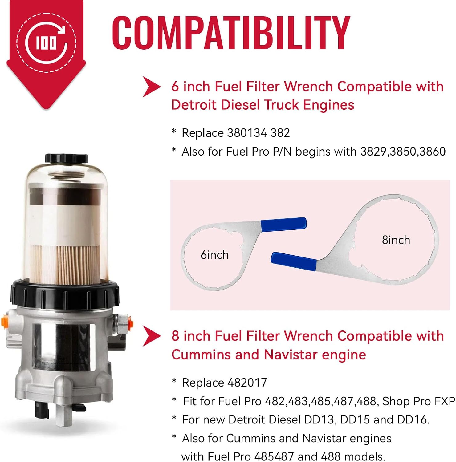 6 Inch & 8 Inch Colar/Vent Cap Fuel Filter Wrench for 380134 382 & 482 483 782, Replace for Davco Filter Wrench Fit for Detroit Diesel Truck Engines, Navistar Engines Diesel DD13, DD15 and DD16