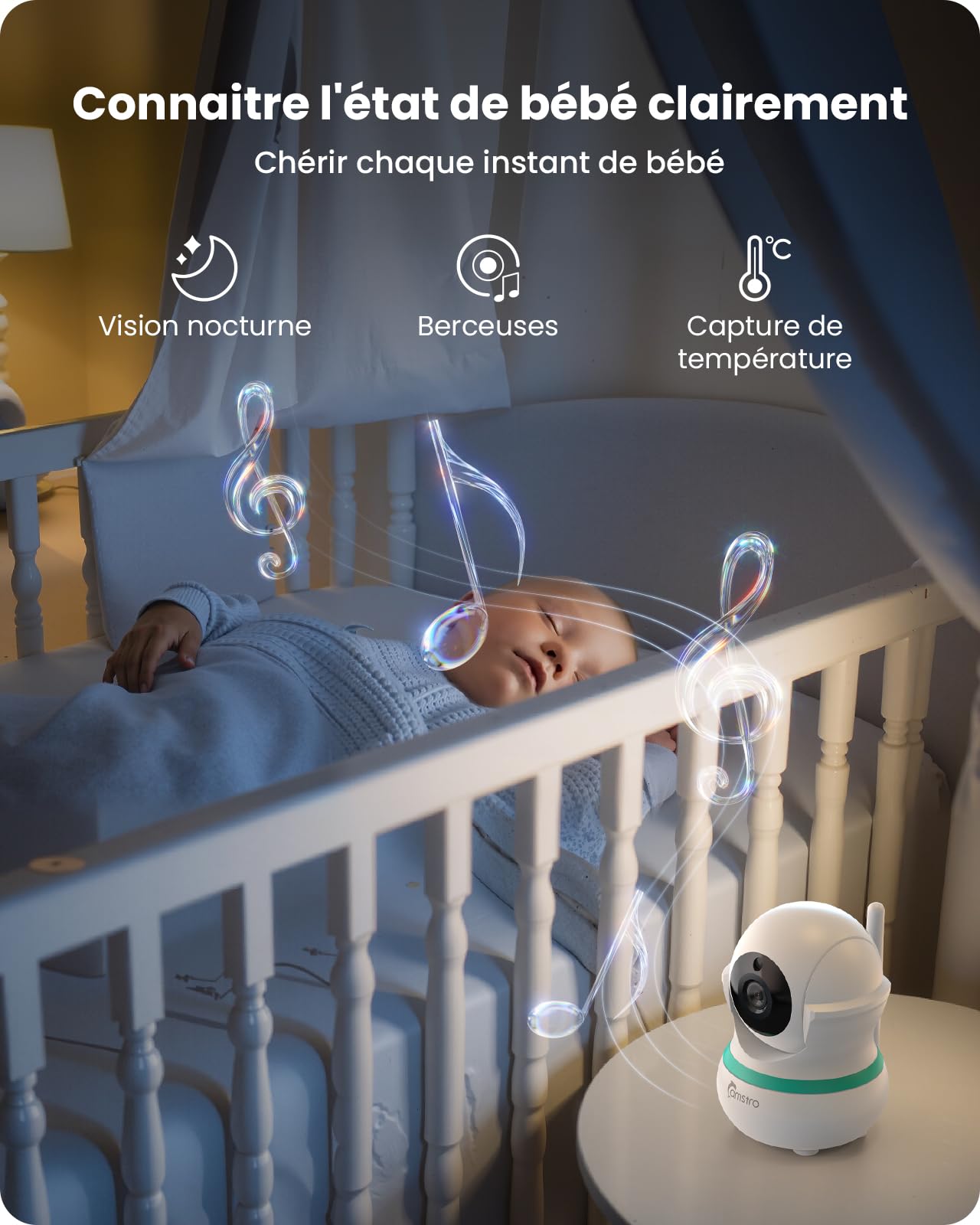 Babyphone Caméra, 5" BabyPhone 360° Zoom 4X Vision Nocturne Audio Bidirectionnel, 5000mAh Batterie, Rappel Alimentation, Berceuses, Détection Pleurs VOX sans WiFi, Détection Température