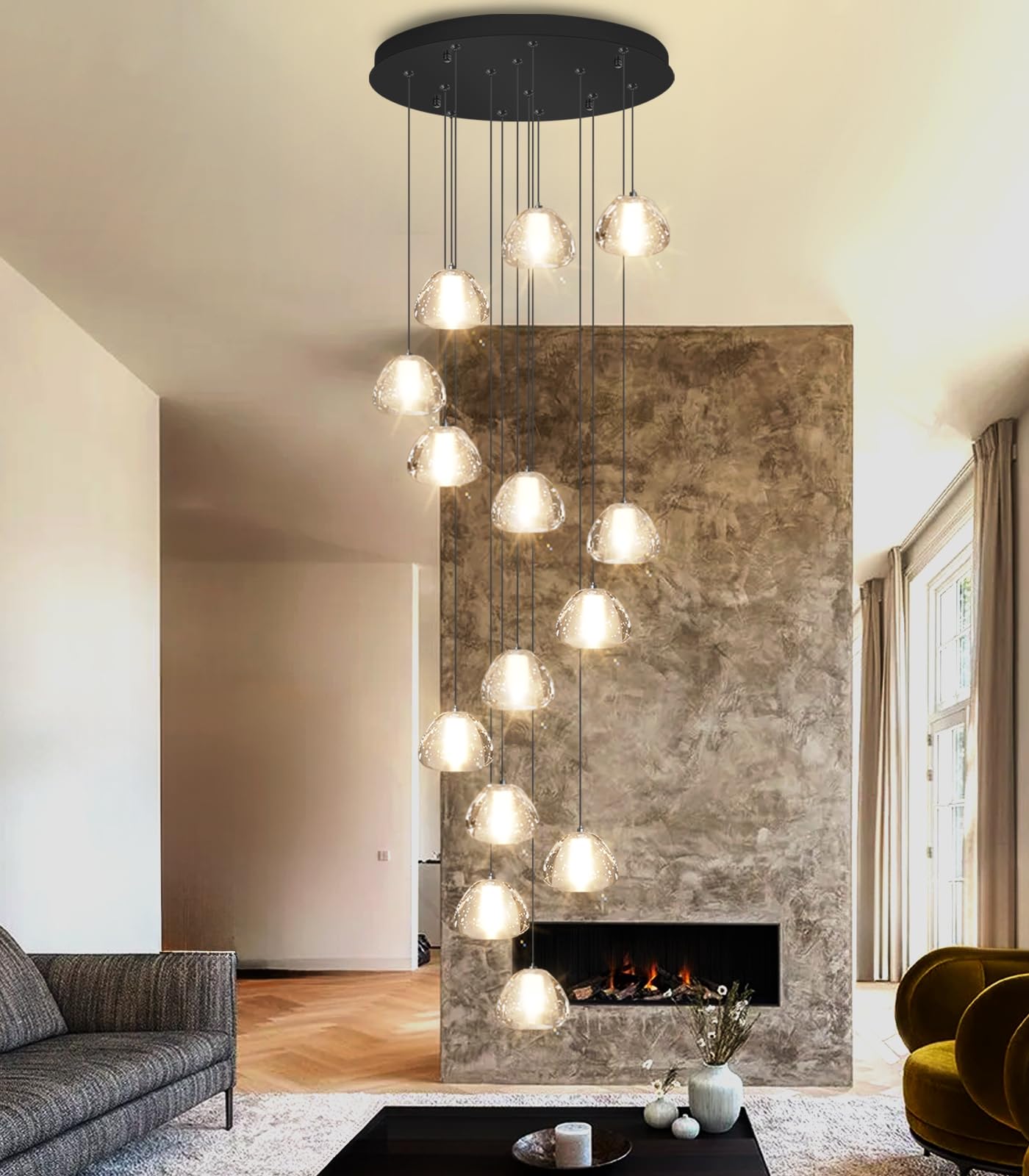 Photo 1 of dolria Modern Crystal Chandelier for Staircase 118" Long Black LED Lighting for Foyer Adjustable Ceiling Lighting Fixture for Living Room Hallway Entryway Staircase