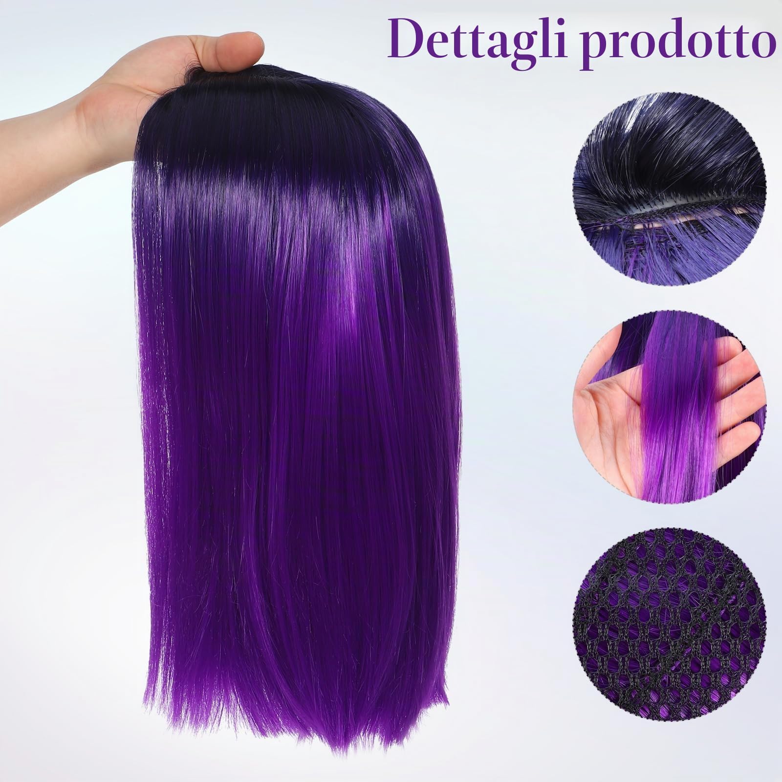 Lurrose Parrucche sintetiche colorate corte ad alta temperatura da donna in pizzo sfumato dritto Bob Cosplay parrucca capelli umani Cap viola