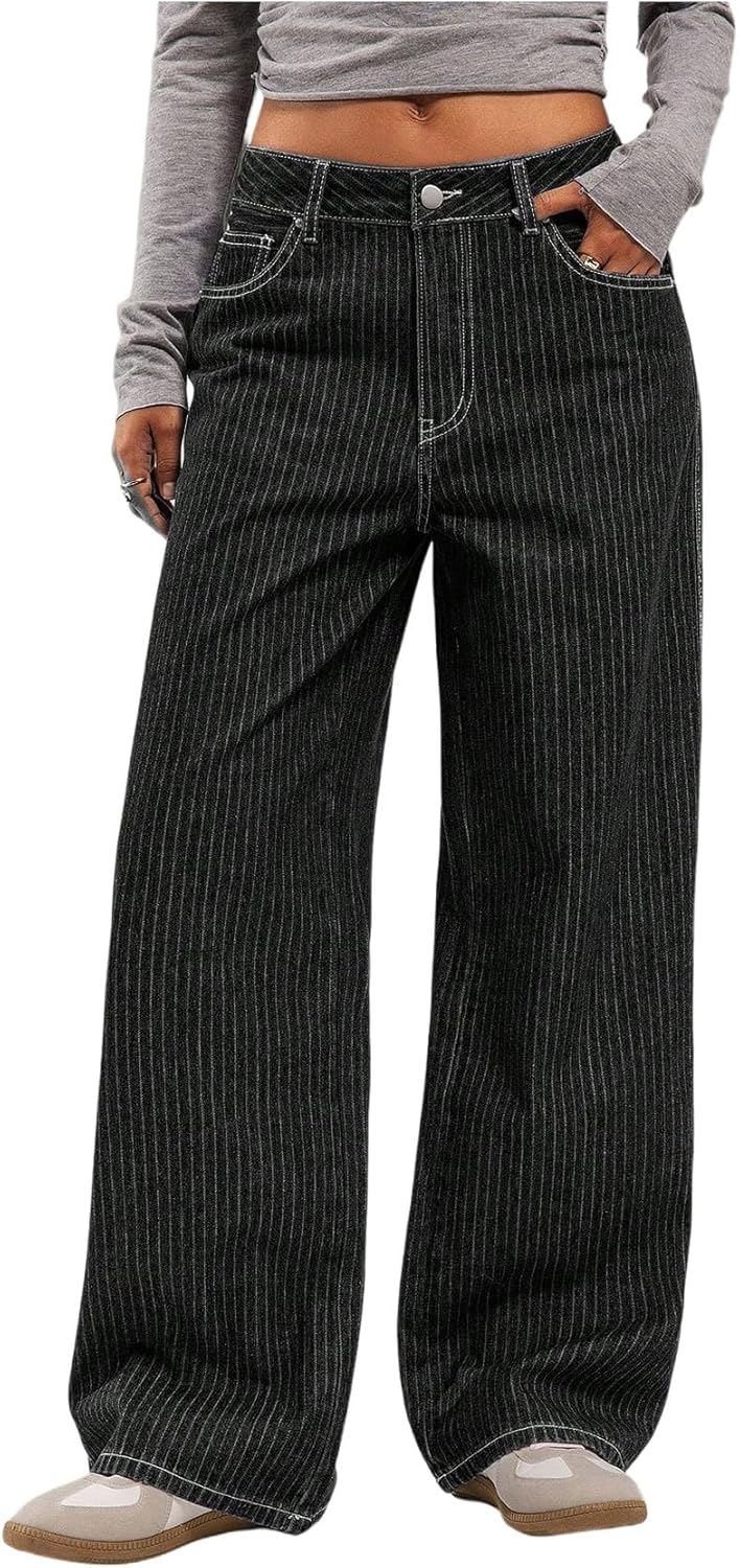 OYOANGLE Women's Striped Wide Leg Jeans Casual Pinstripe Denim Baggy Low-Rise 90s Trendy Pants with Pocket