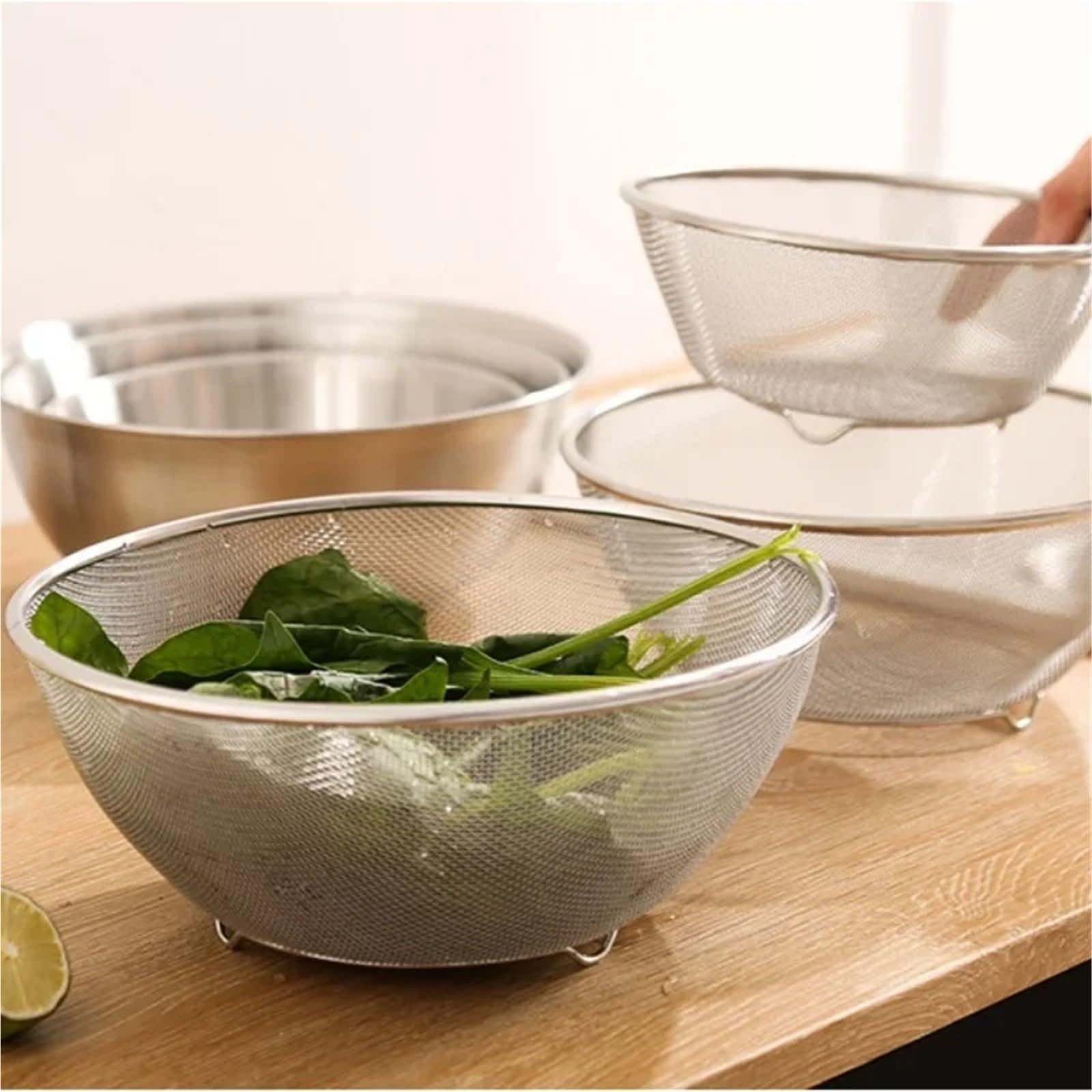 Colador De Arroz De Acero Inoxidable Juego de 2 piezas lavabo drenaje acero inoxidable con colador almacenamiento a escala, cesta lavado arroz, juego enjuague y frutas for cocina(2Pcs-24cm)