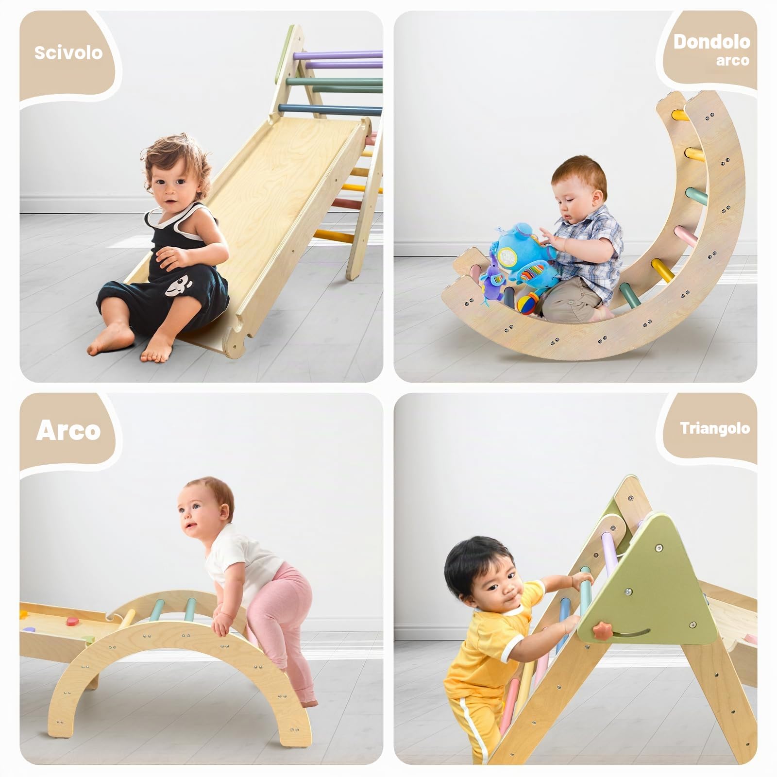 LOL-FUN Montessori - Struttura da arrampicata 7 in 1 in legno per bambini, pieghevole, giocattolo da arrampicata Pikler, triangolo, con rampa e arco, per giochi al coperto e palestra della giungla per