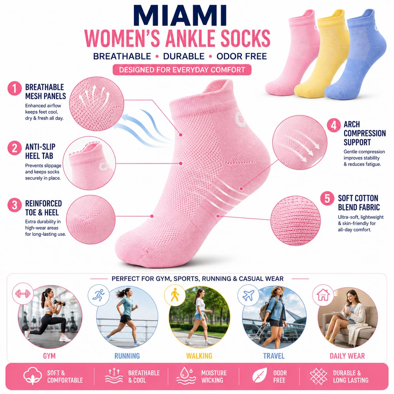 XJARVIS Miami - Calzini alla caviglia per donne e ragazze, in cotone e bambù, per corsa, ciclismo e palestra, inodore, traspiranti, ultra morbidi, confezione da 3, 6, 9, 12 (rosa/viola/giallo),