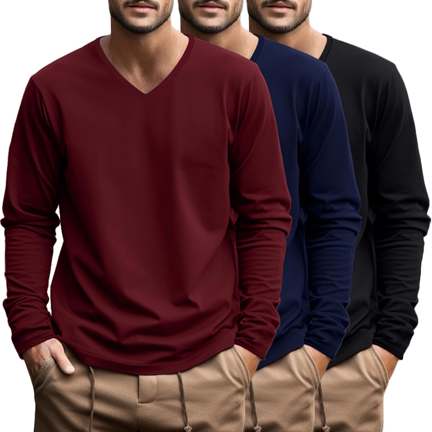 Ficerd 3 Pack Big and Tall Shirts for Men V Neck Cotton Long Sleeve Tee L-7XL Casual Loose Tops Oversized Basic T Shirts