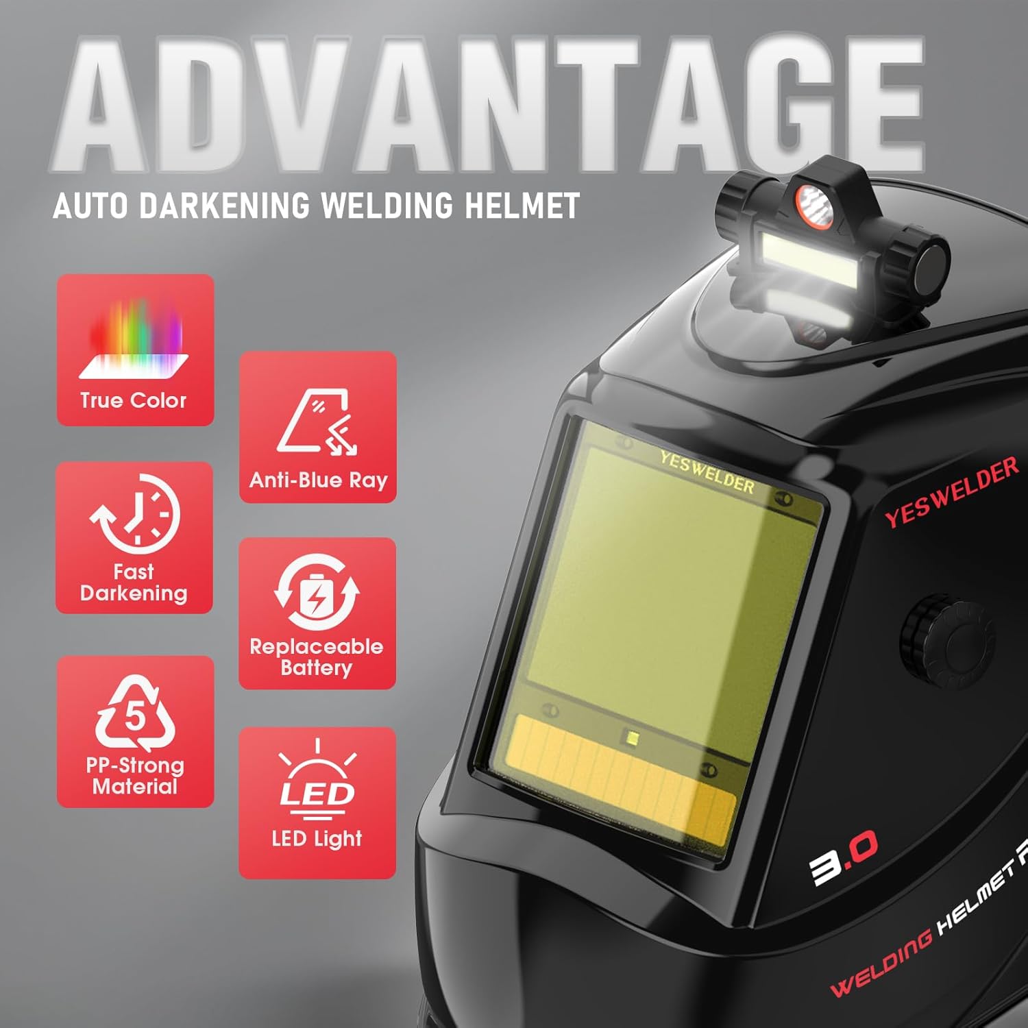YESWELDER Intelligent Auto-Shade Auto Darkening Welding Helmet Large View with LED, Digital Filter, 1/1/1/1 True Color Solar Powered, Shade 3/5-9/9-15 Welder Mask for MIG/TIG/Stick/Cut/Grind - Image 2