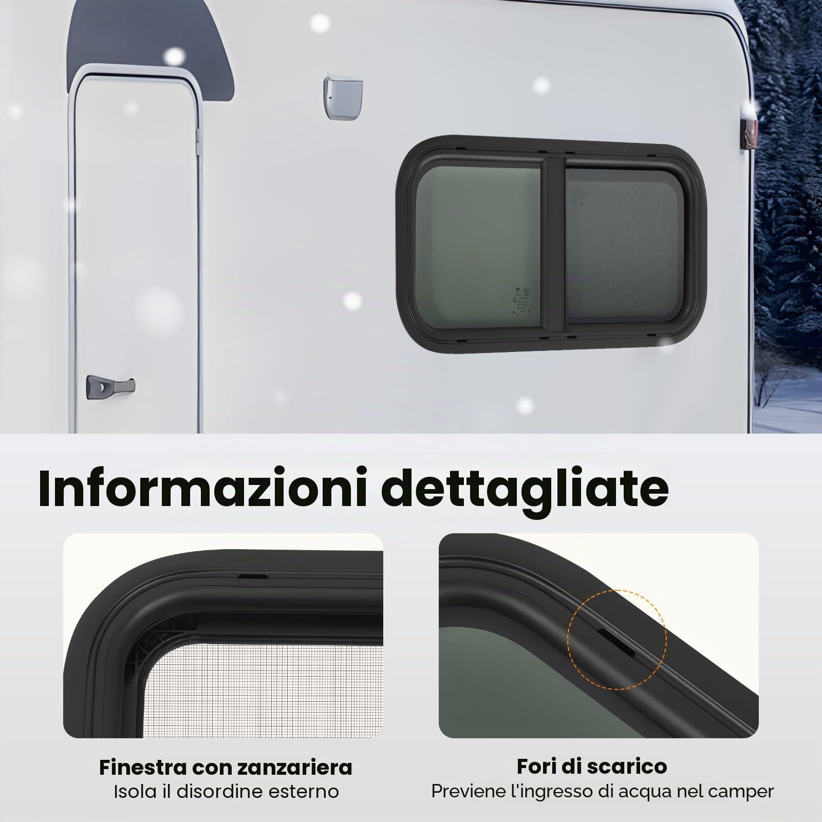 Finestra Scorrevole per Camper 60x30cm, Vetro Nero con Zanzariera, Vetro Temperato Tinteggiato 25%, Finestra di Ricambio per Roulotte Furgone, Doppia Installazione, Alluminio