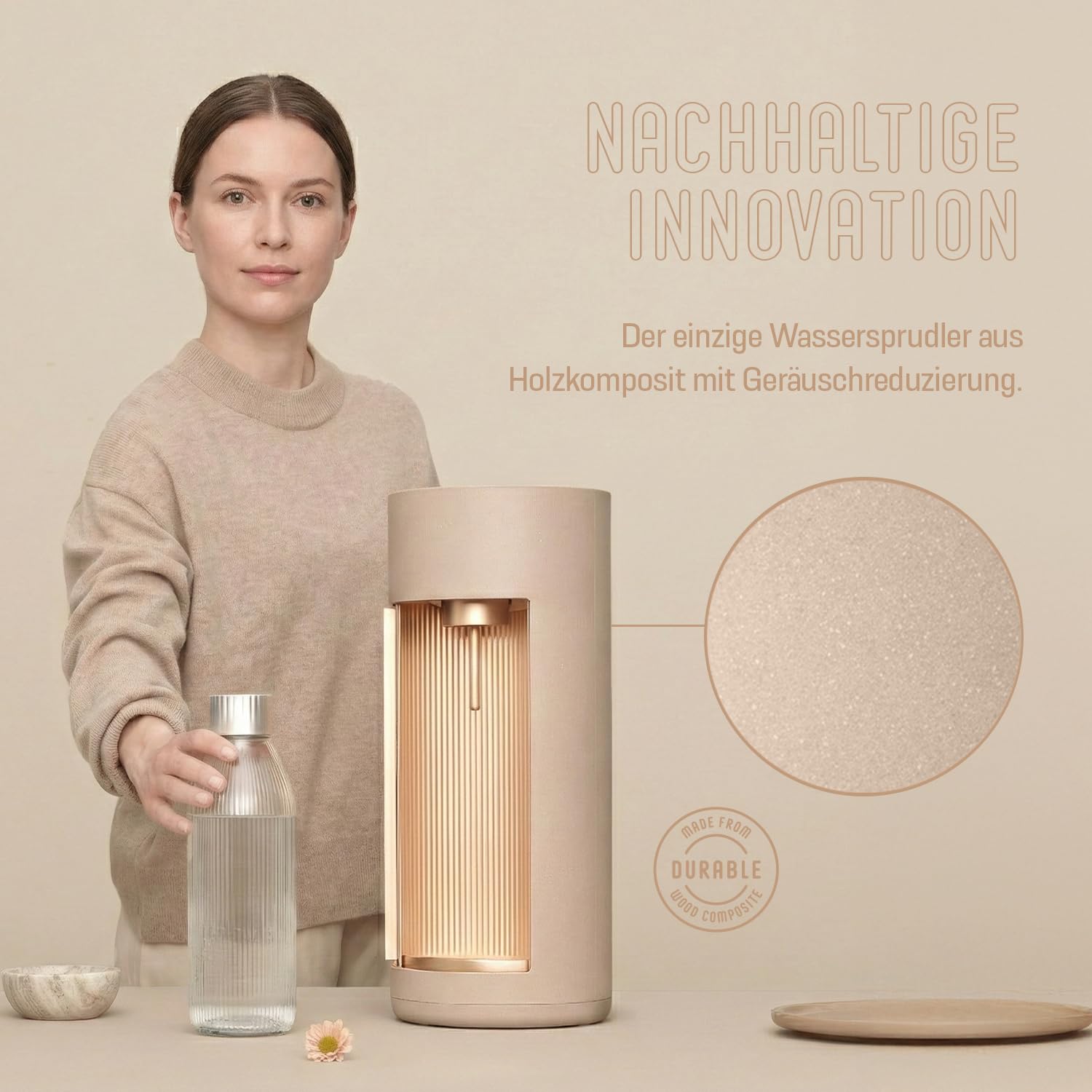 Mysoda: Glassy Wassersprudler aus Holzkomposit und Aluminium mit CO2-Zylinder und 1L Glasflasche - Latte