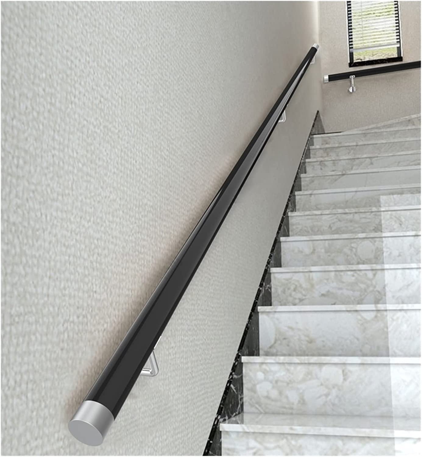 Stair Handrail Wall-Mount Elderly Children Non-Slip Support Rail with Silver Wall Brackets, Natural Banister(Black,2.2m(7.2ft))