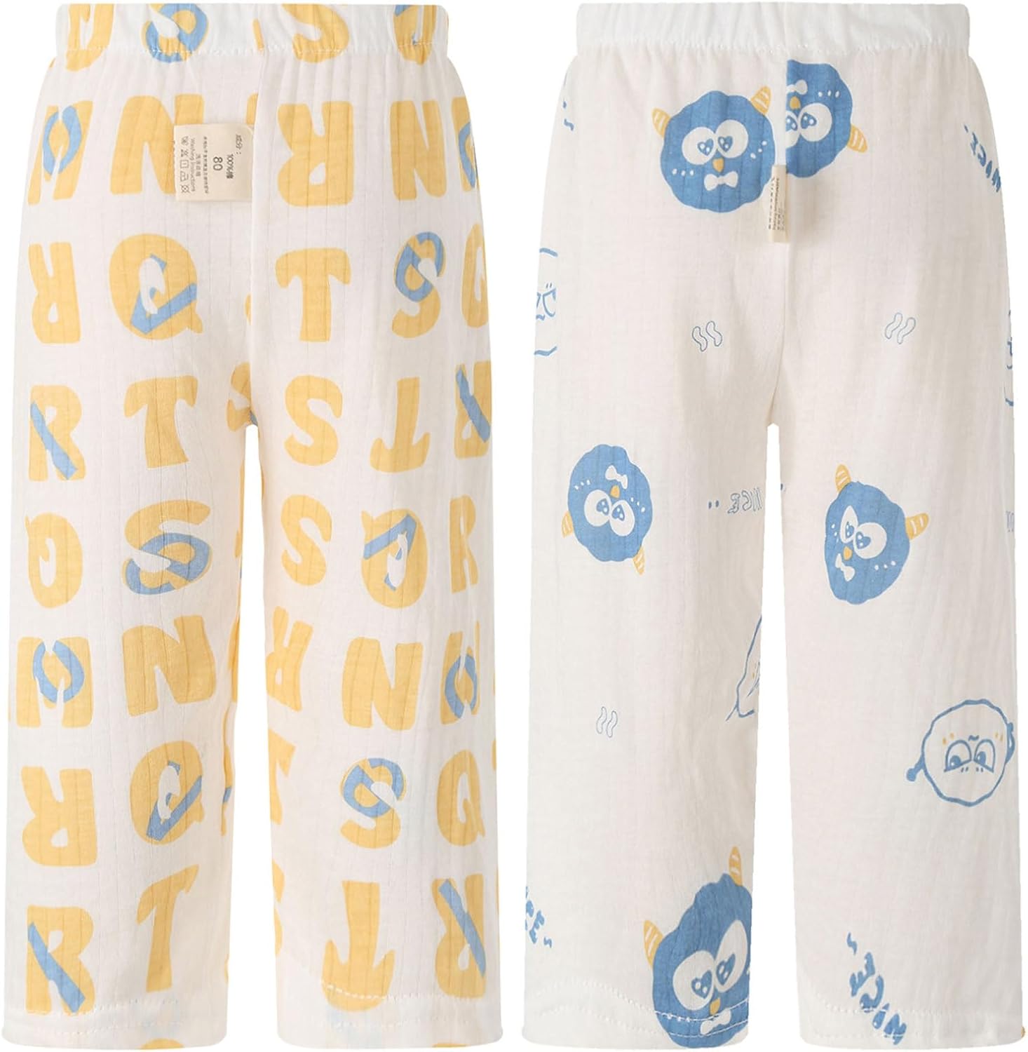 iiniim Baby Little Girls Cotton Linen Printed Pants Casual Loose Long Ankle Trousers 2 Pack