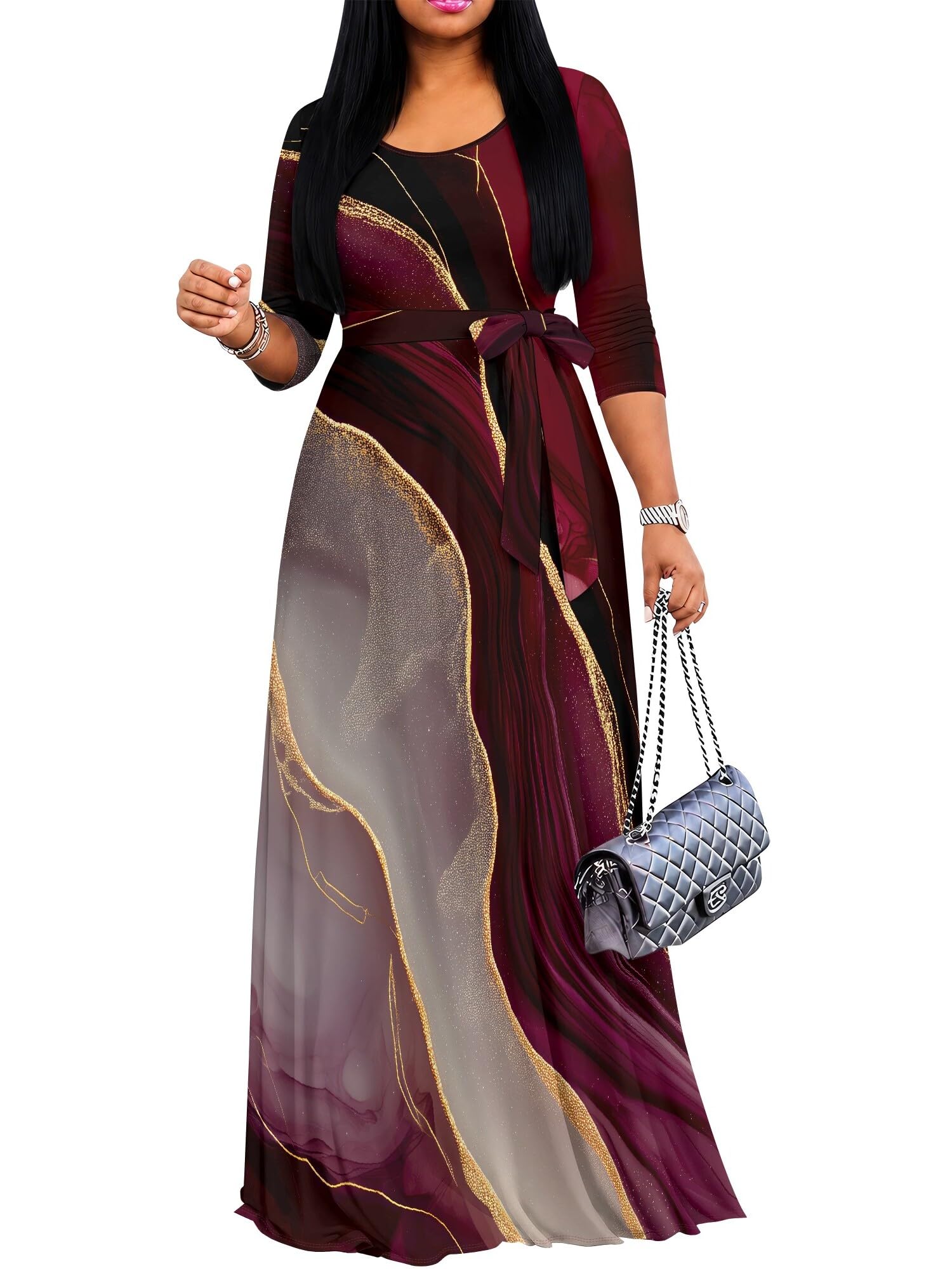 PinkPatty Women's Print Maxi Dresses 3/4 Sleeve Flowy Long Dress V Neck Wrap Tie Waist Sundress