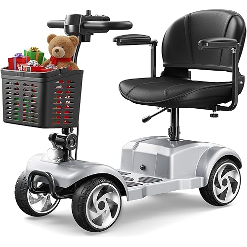 4 Wheel Electric Mobility Scooter for Adults and Seniors, 20 Miles Range Foldable Electric Scooter, Compact Heavy Duty Mobile for Travel with 330lb Capacity, Powered Electric Wheelchair, Silver