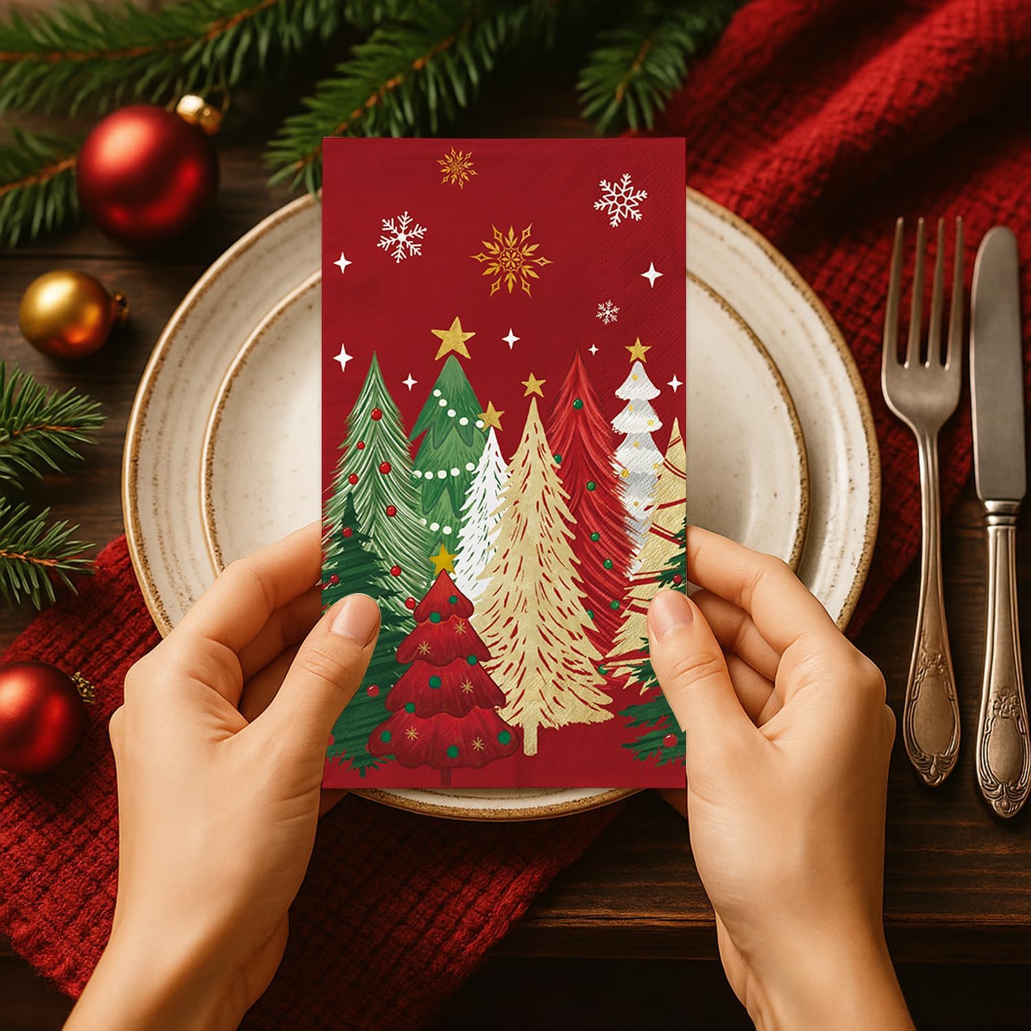 100 Christmas Guest Napkins Snowflake & Tree Disposable Paper Christmas Cocktail Guest Hand Towel for Xmas Party Table Dinner Kitchen Bathroom