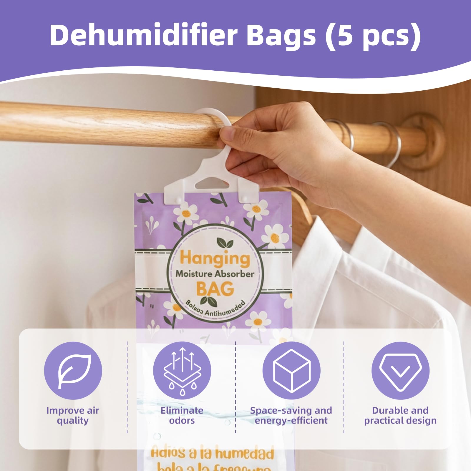 Carehabi Bolsas Antihumedad Armarios 5 Pack Bolsas Antihumedad Deshumidificador Armario para Humedad Moho Dormitorio Caravana Baño Sótano Oficina - 3