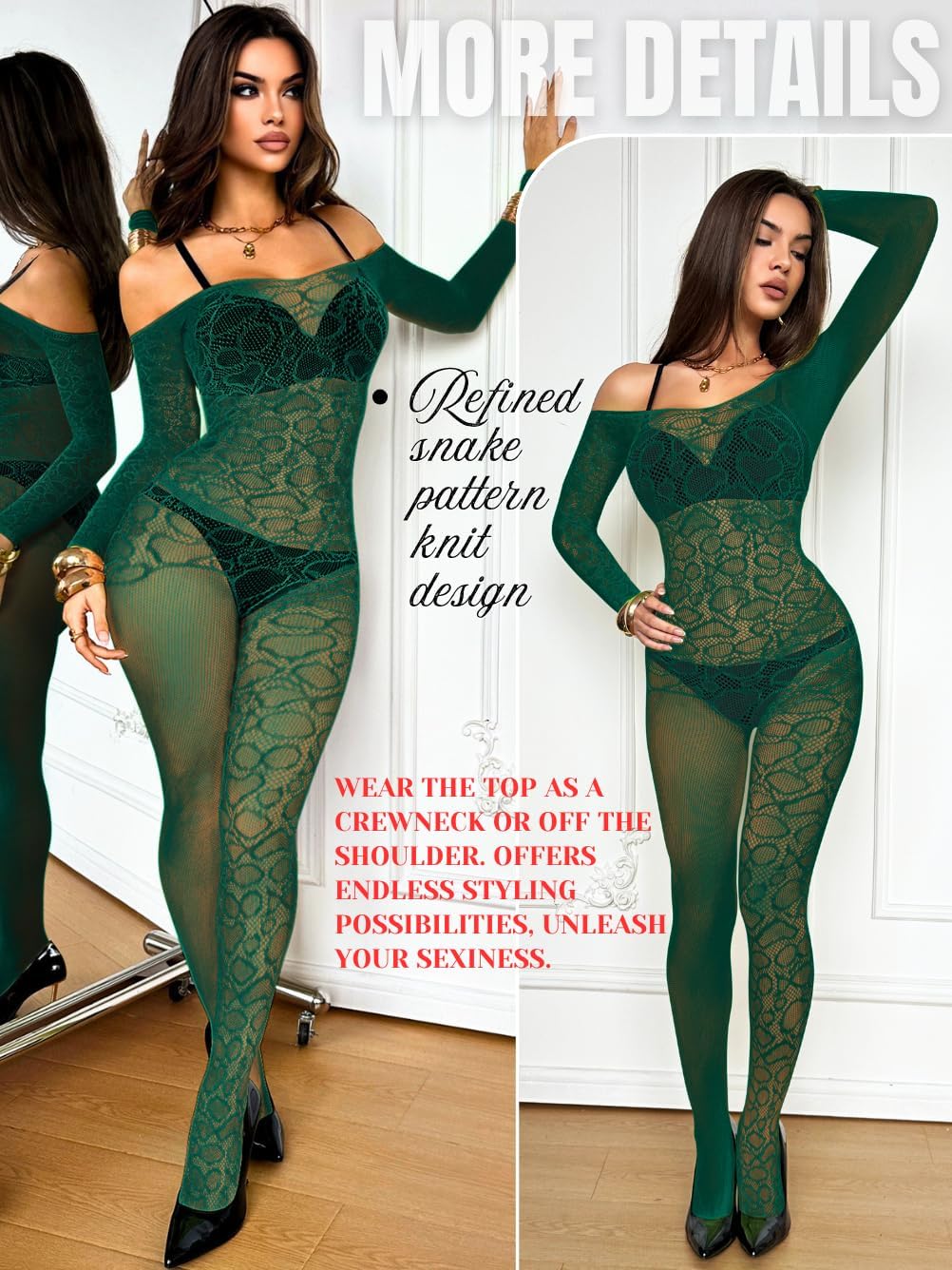 EHSUYAB Sexy Women Snake Fishnet Bodysuit Full Lace Jumpsuit Body Stockings | Off Shoulder Long Sleeve Catsuit, Asymmetrical Pattern, Night Club Rave Outfits, Exotic Dancer Wear, Glow Party, Size 0-16