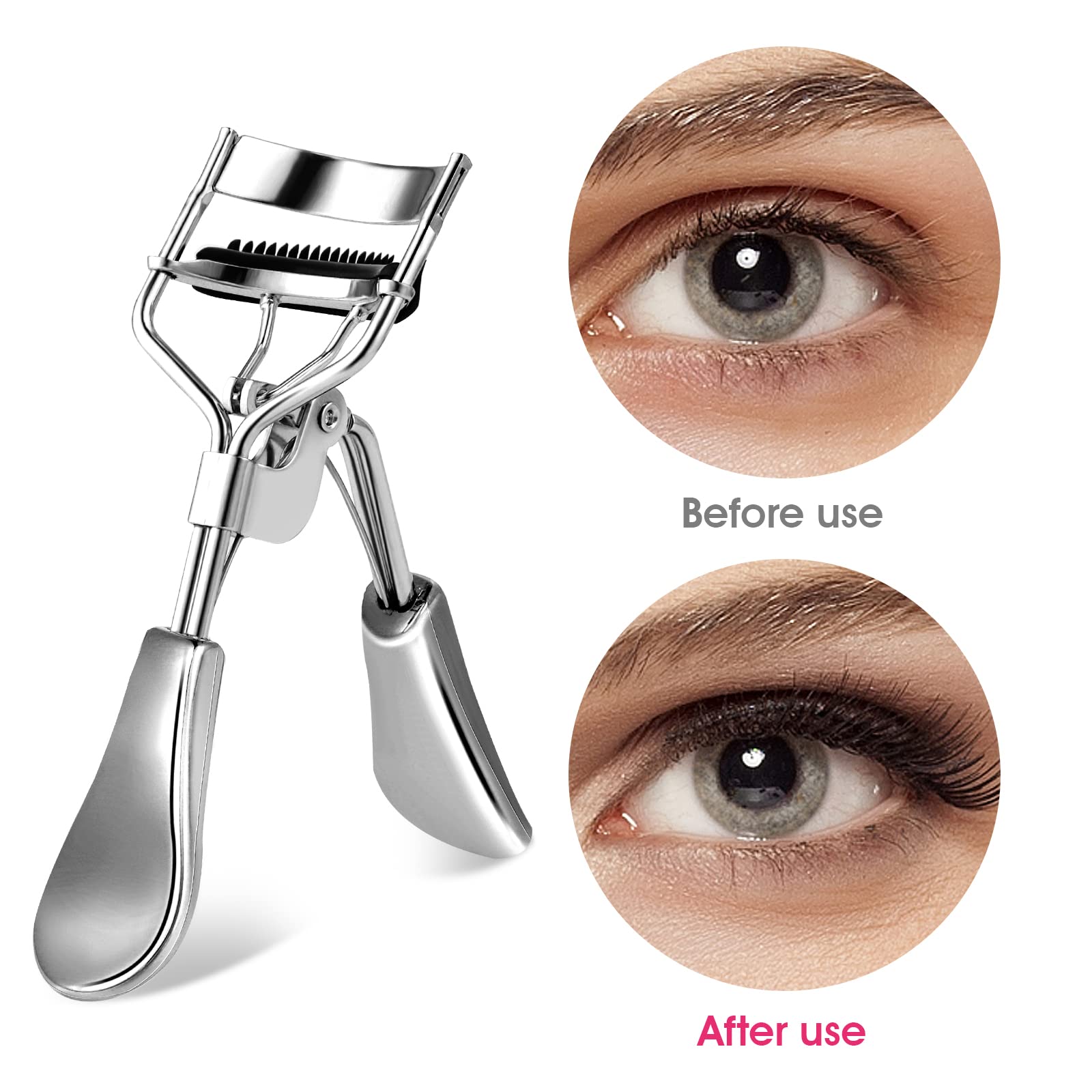 WLLHYF - Kit de rizador de pestañas profesional de metal con peine integrado, 10 almohadillas de recambio de repuesto para mujeres y niñas, consigue pestañas rizadas dramáticamente (plata)