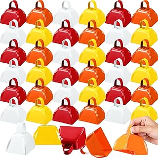 Treela 36 Pcs Metal Cowbell Noisemakers with Handles, Cow Bells Noise Makers for Sporting Events 3 Inch, Bulk Cheering Cowbell with Handle for Football Games Homecoming (White, Yellow, Orange, Red)