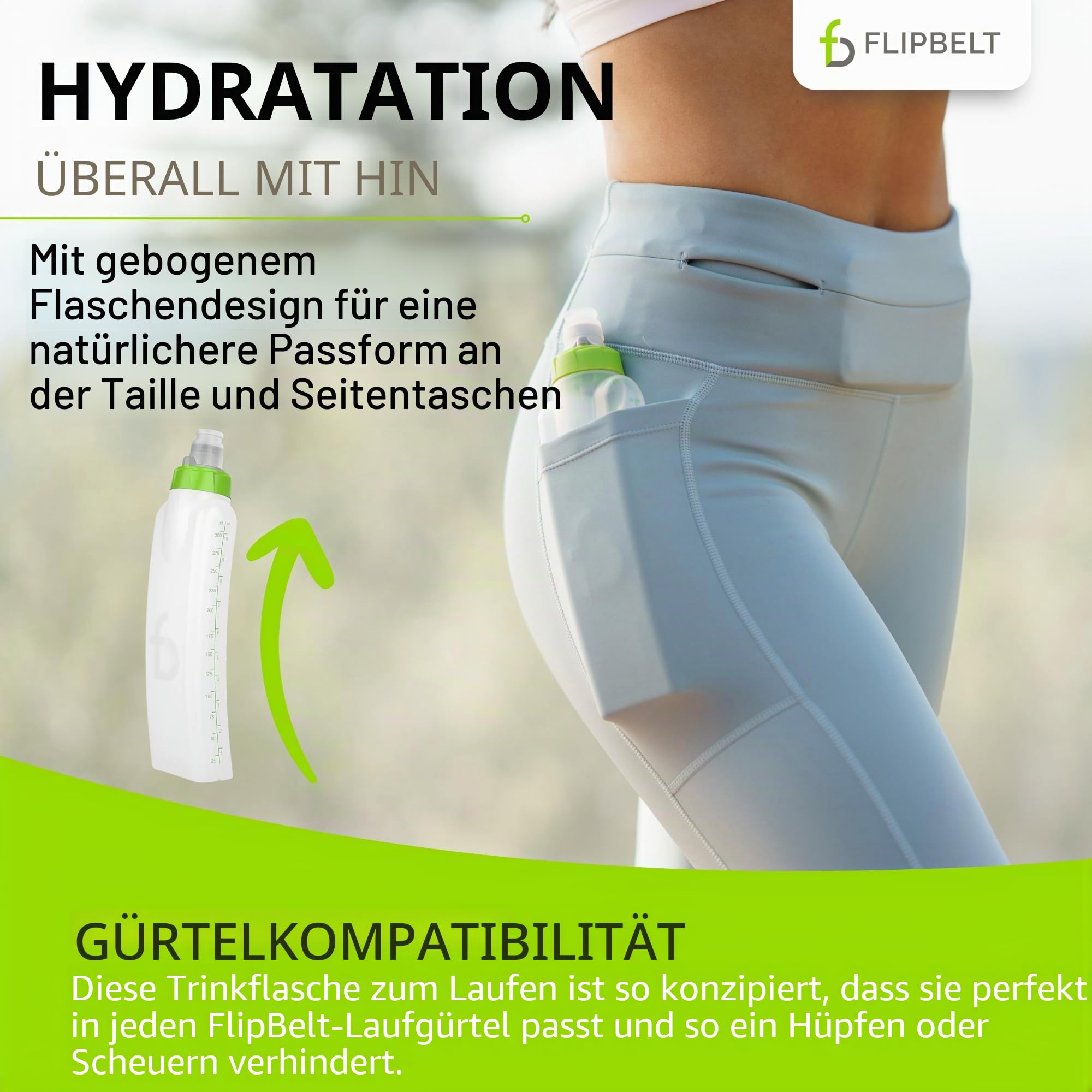 FlipBelt Arc Trinkflasche Laufgürtel, Gebogene Trinkflasche, 300 ml, Grün