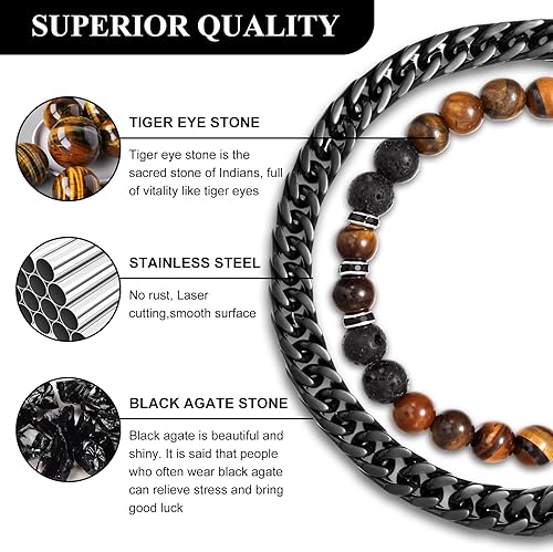 Miniatura 4 de PRETOLE 2PCS Mens Stainless Steel Bracelets, Black Gemstone Tiger Eye and Agate Beaded Bracelet for Men Chain Matching Bracelets Set for Women,