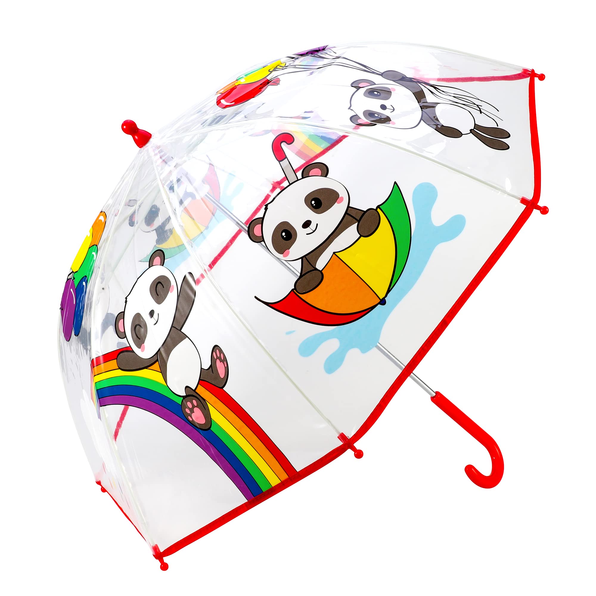 Hartom Unisex Kids Rainbow Panda Childrens Panda And Rainbow Lightweight Umbrella, Clear Poe Windproof Rain Umbrella With Hook Handle And Easy Button Closure For Boys And Girls, 72 Cm Canopy
