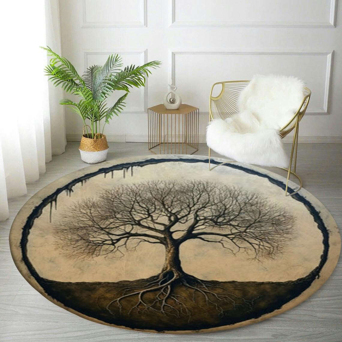 Round Rug 4ft Circle Area Rug Tree Life Minimalism Carpet Washable Small Round Rugs for Bedroom Aesthetic Bathroom Laundry Living Room Kitchen Outdoor