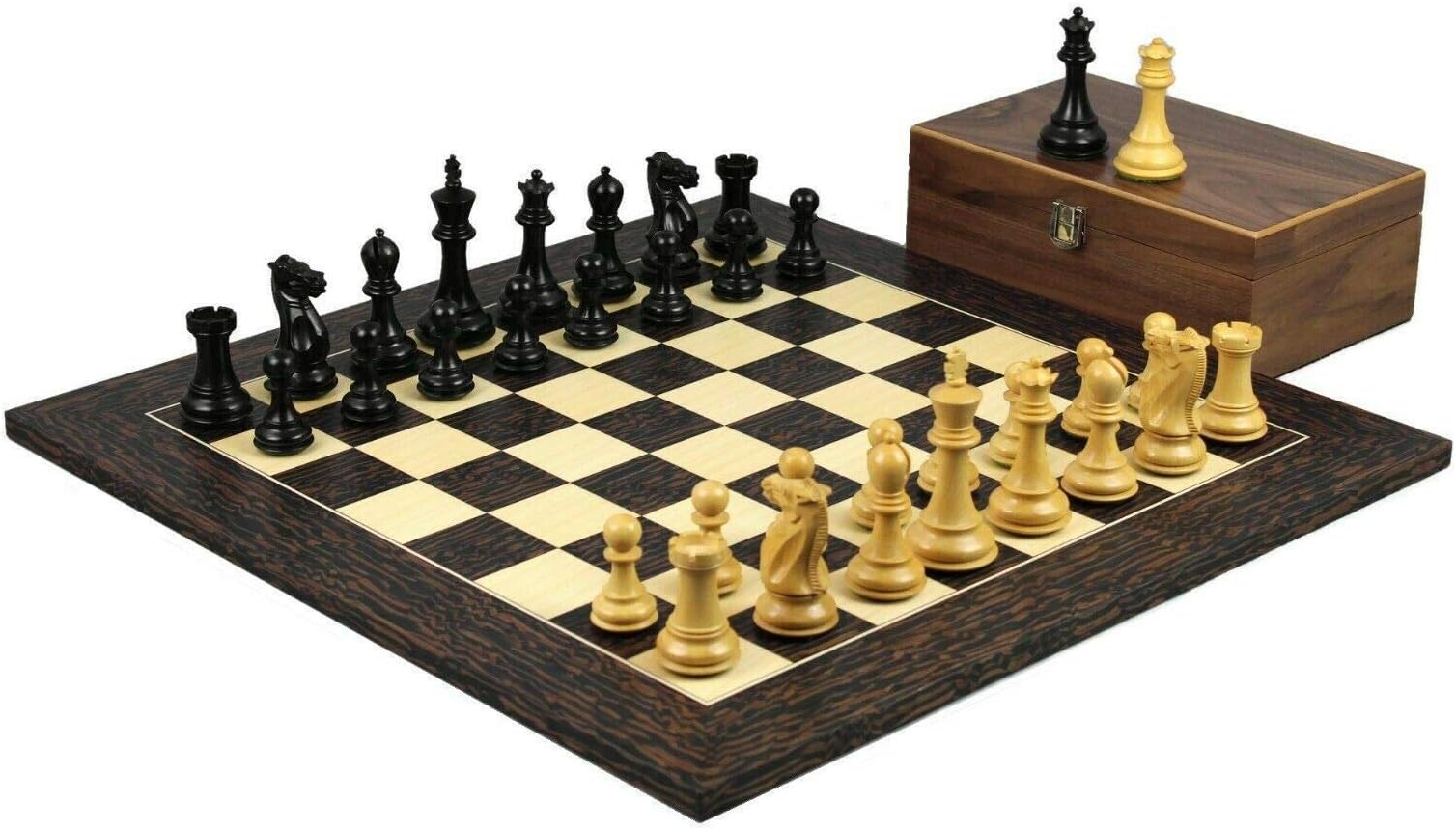 ChessgammonAuthentic Championship Tournament Tiger Ebony and Maple Board 20 Inch with Weighted Ebonised Professional Staunton Pieces 3.75 Inch