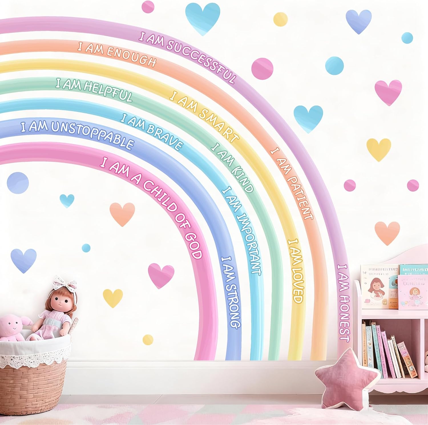 Large Rainbow Wall Sticker Watercolor Pink Motivational Wall Decals Peel and Stick Kids Girls Bedroom Vinyl Walls Sticker Pastel I Am Decor Positive Art Murals for Toddler Baby Room Nursery Playroom
