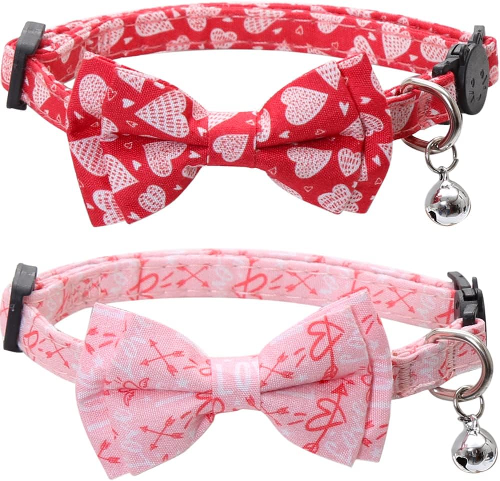 LamphyfaceValentine's Day Cat Collar Breakaway with Cute Bow Tie and Bell for Kitty Adjustable Safety Love Heart