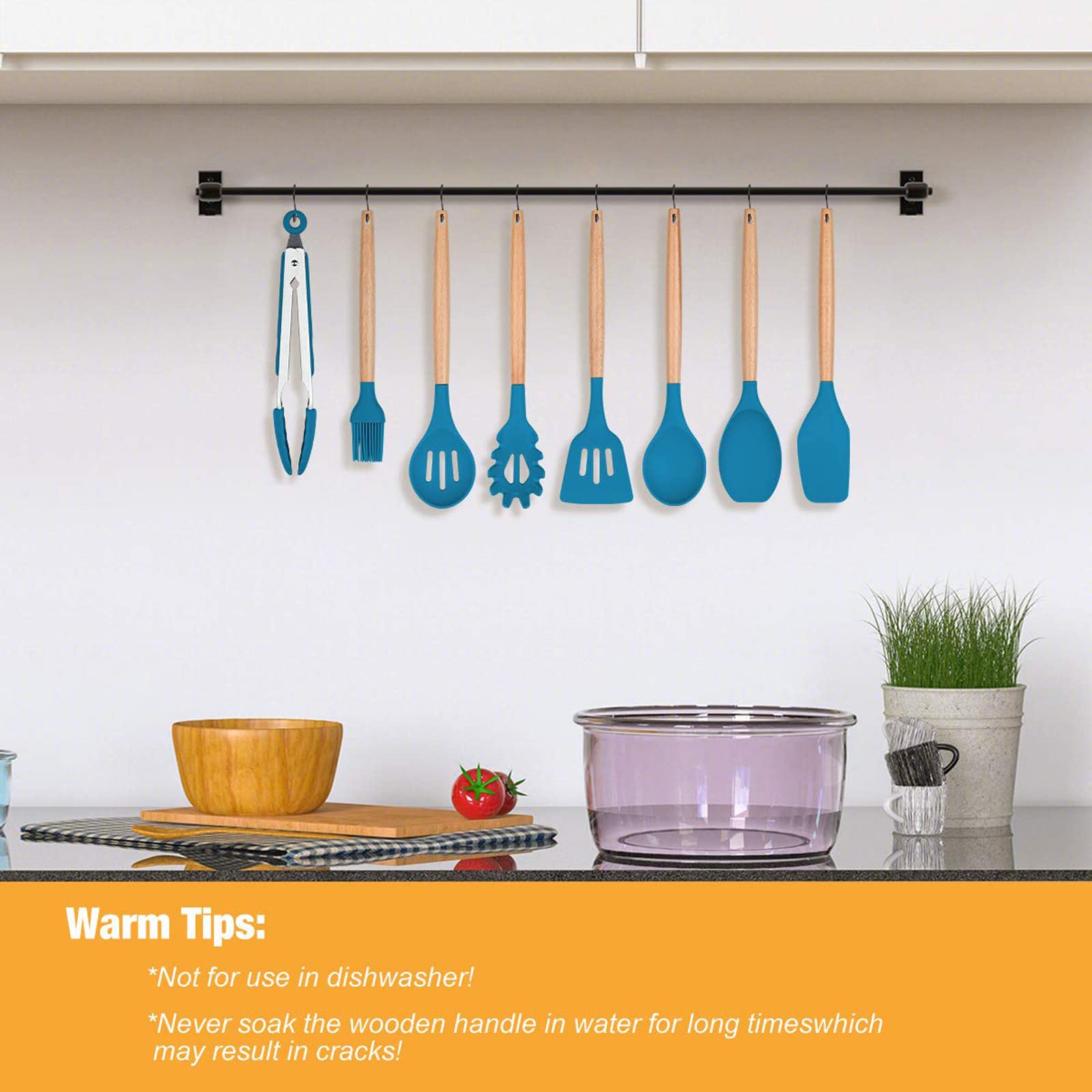Lychee Utensili Cucina Set,12 Pezzi Set di Utensili da Cucina in Silicone,Resistente al Calore con Manico Legno Antiaderenti da Cucina Strumento di Cottura Termoresistenti (Blu Scuro)