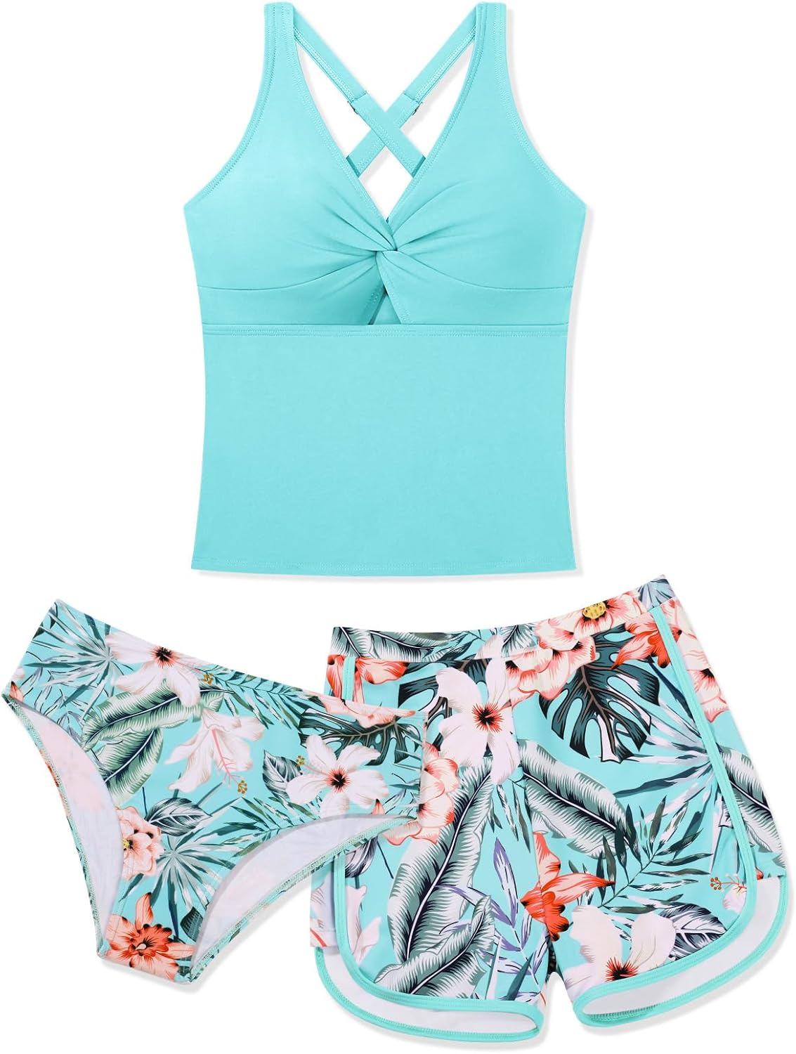 URMAGIC Girls Tankini Swimsuit Criss Cross Ruched Tankini Sets with Print Shorts 3 Piece Bathing Suits for Girls Swim 9-18Y