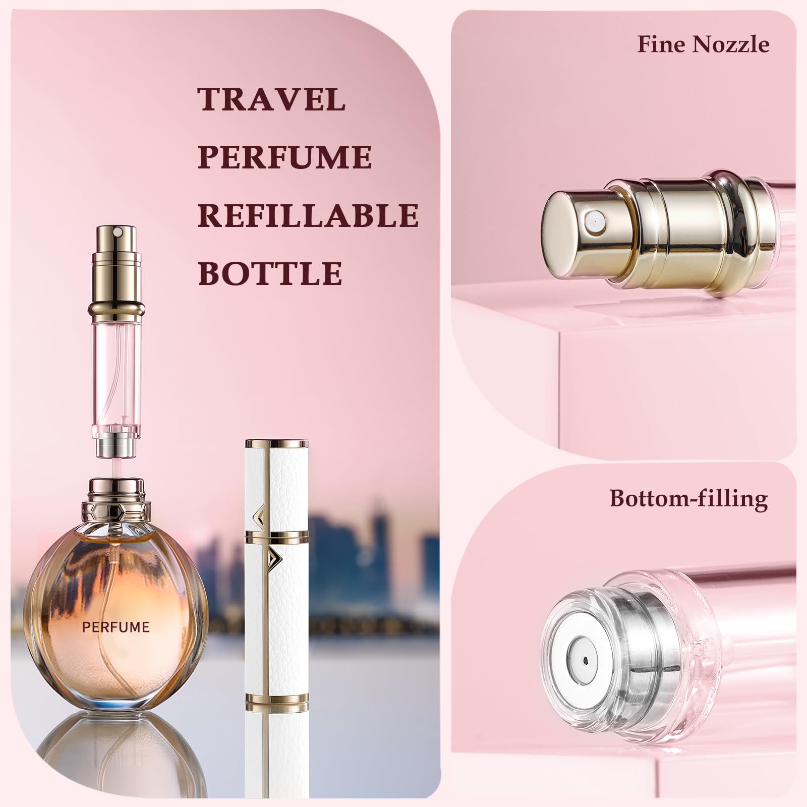 5 ml rozpylacz perfum podróżny do wielokrotnego napełniania, 2 szt., butelka na perfumy z dolnym napełnianiem, mini dozownik wody kolońskiej, lekki przenośny rozpylacz (biało-różowy)