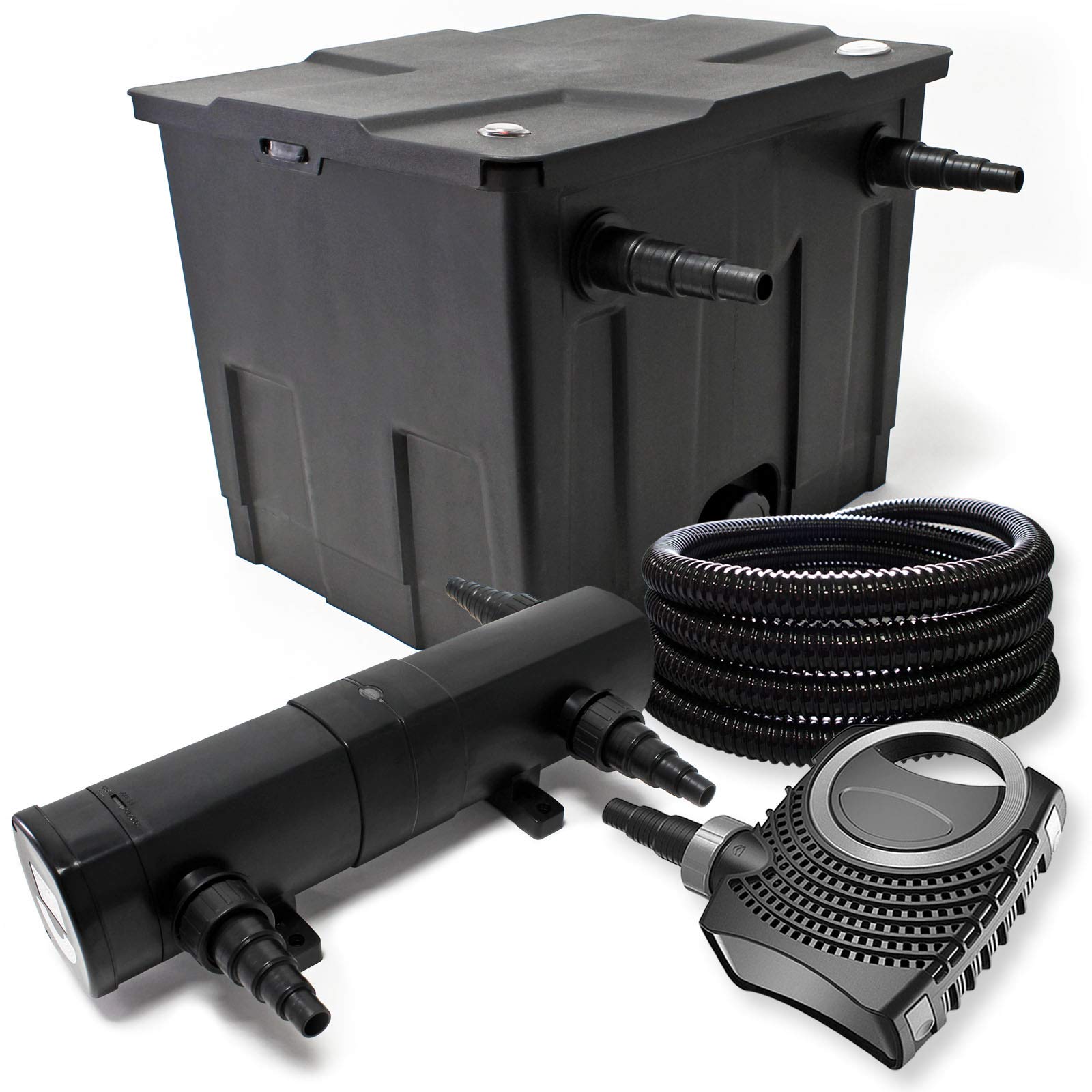 Wiltec Kit complet: CBF-350 Filtre de bassin jusqu'à 12000 L Biologique, NEO10000 SuperECO pompe de filtration 10000l/h 80W, CUV-224 lampe uv UVC Clarificateur avec 24W, 25m Tuyau 25 mm