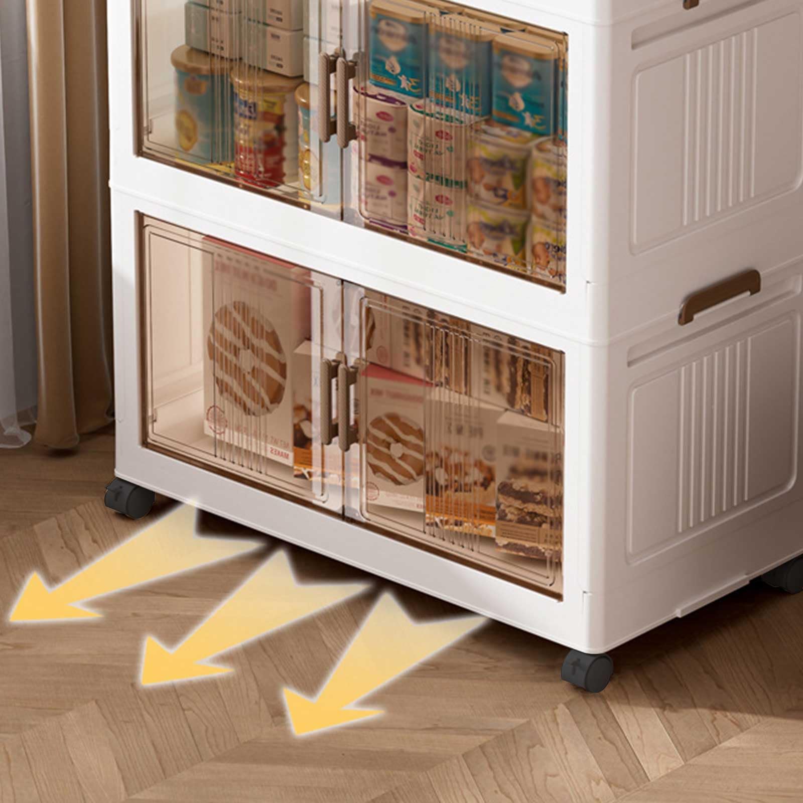 Contenitori pieghevoli a 4 livelli con coperchio e ruote, scatole in plastica trasparente con maniglia laterale per il trasporto, armadi versatili per camera da letto e cucina, porte di facile accesso